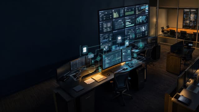 Overhead shot of a modern Midwest control room at night with a wall of dark monitors and a single terminal alive with structured data flows, symbolizing the agent-first data stack rebuild for 2026.