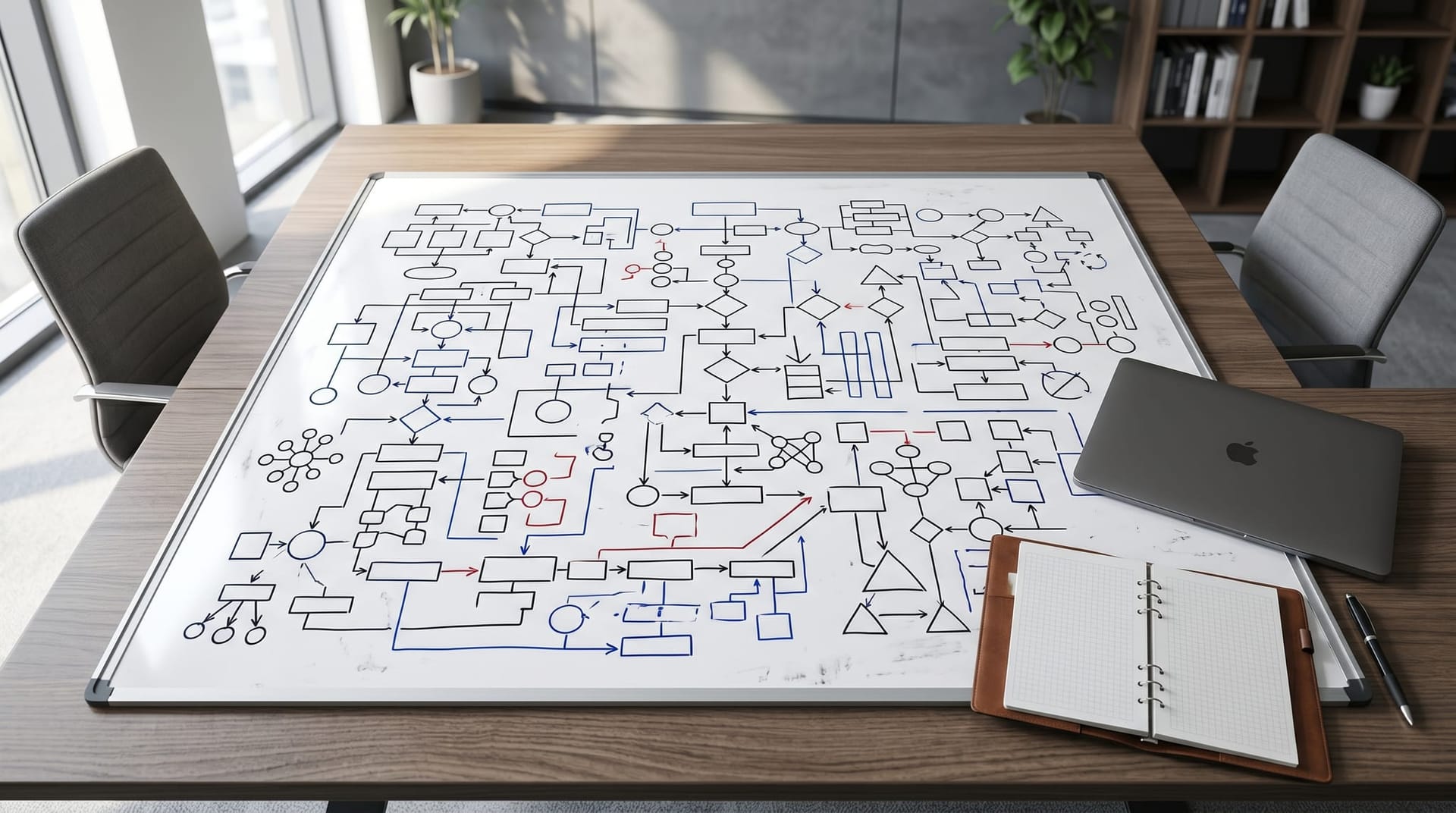 Overhead view of a whiteboard with abstract labeled boxes and connecting arrows, next to a laptop and notebook, representing the new AI agent failure modes that emerge in production data stacks.