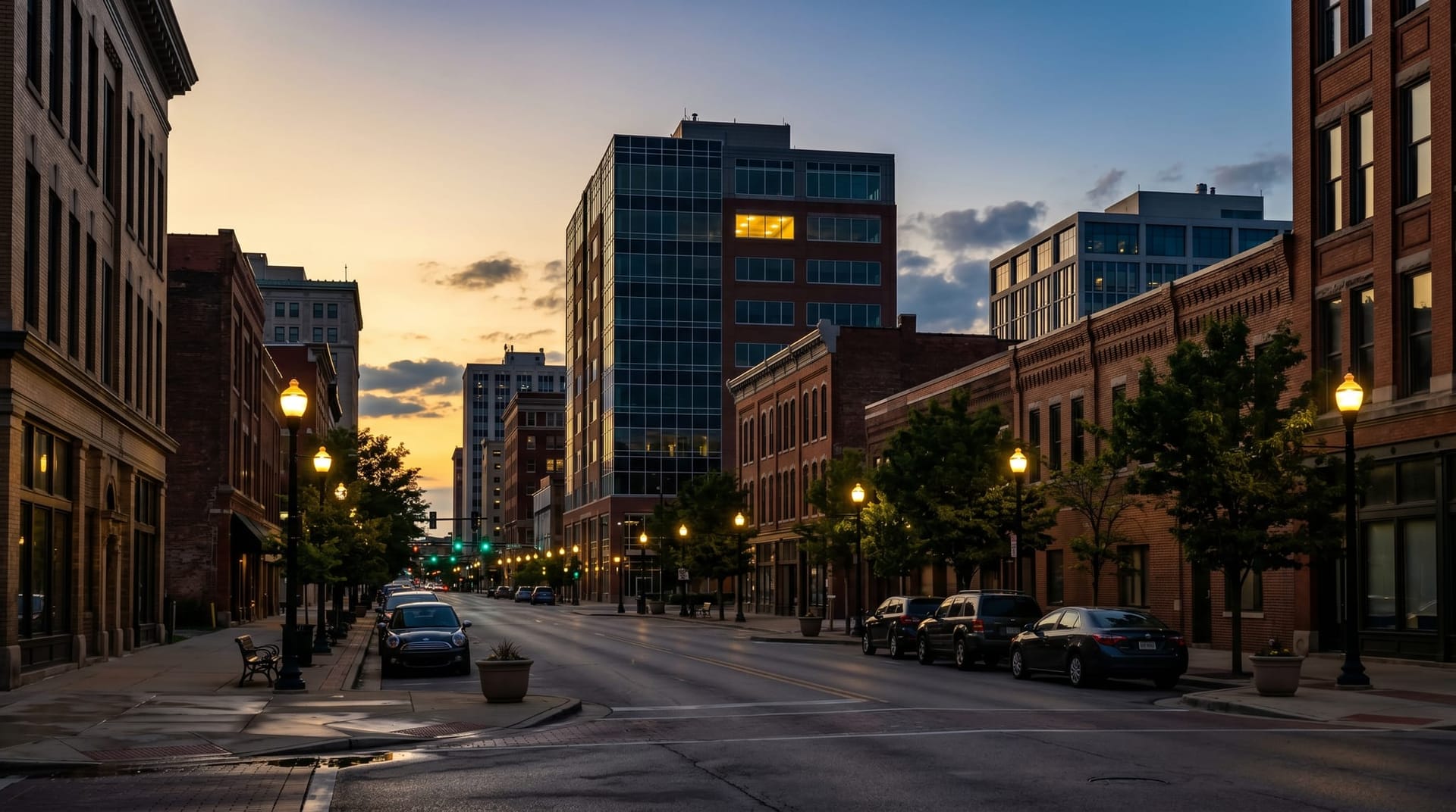 Downtown Fort Wayne professional office district at dusk with office lights on in an upper floor of a mid-rise building, representing NE Indiana analytics shops adopting agent-first data architecture.