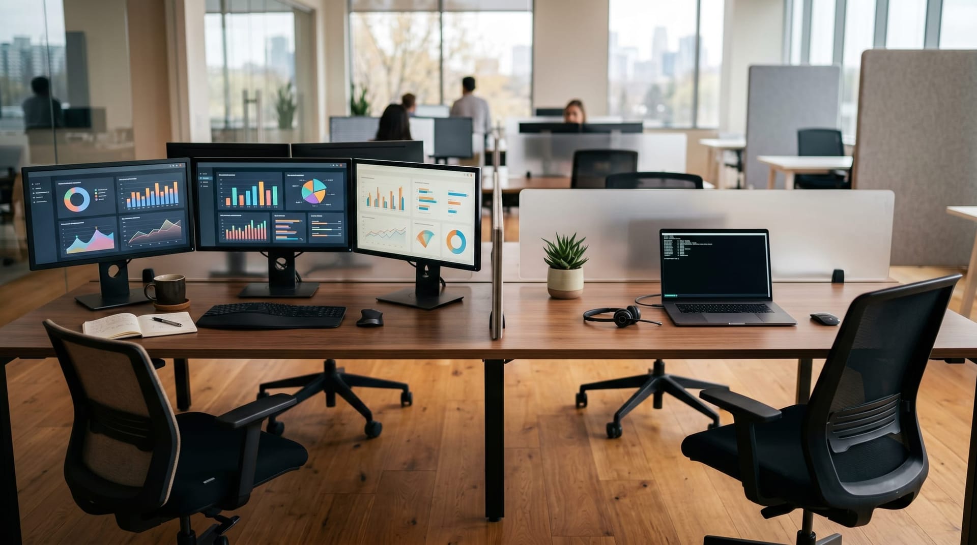 Two empty office desks side by side — one with a traditional BI dashboard setup and one with a clean minimalist agent workstation, illustrating the shift from human-query to agent-first data stacks.