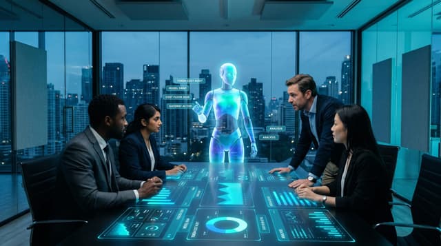 Diverse business team in a glass-walled office examines holographic AI cost-floor audit panels with cyan TOKEN-COST AUDIT and MODEL SWAP labels glowing overhead