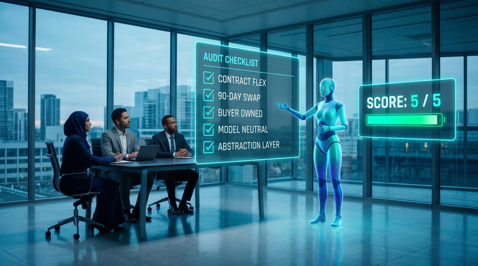 Diverse business professionals review a holographic five-question cost-floor audit scorecard with cyan scoring panels in a modern glass-walled conference room