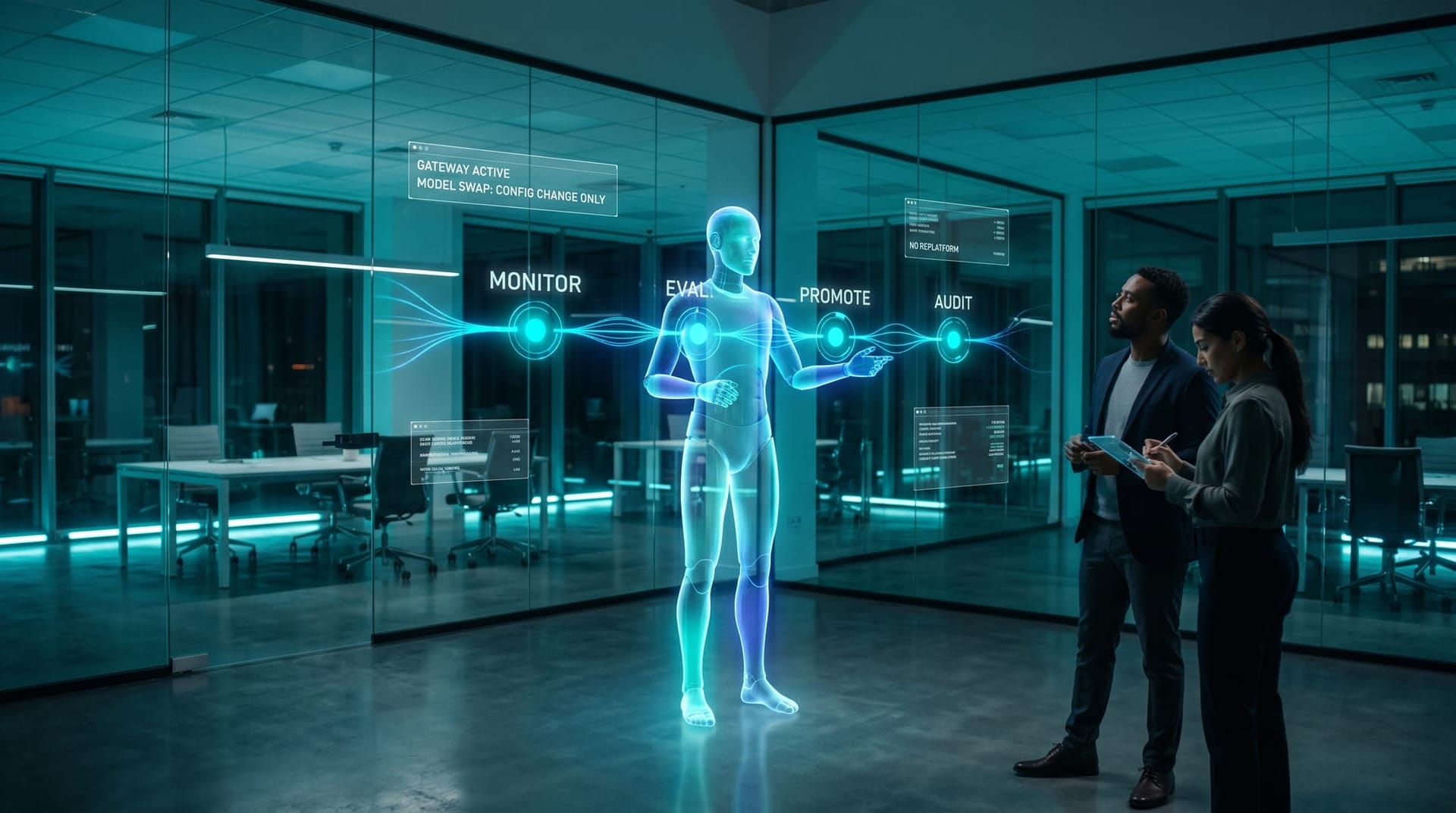 Holographic AI avatar demonstrates a Secure AI Gateway model-swap workflow with floating cyan MONITOR, EVAL, PROMOTE, AUDIT pipeline panels in a glass office