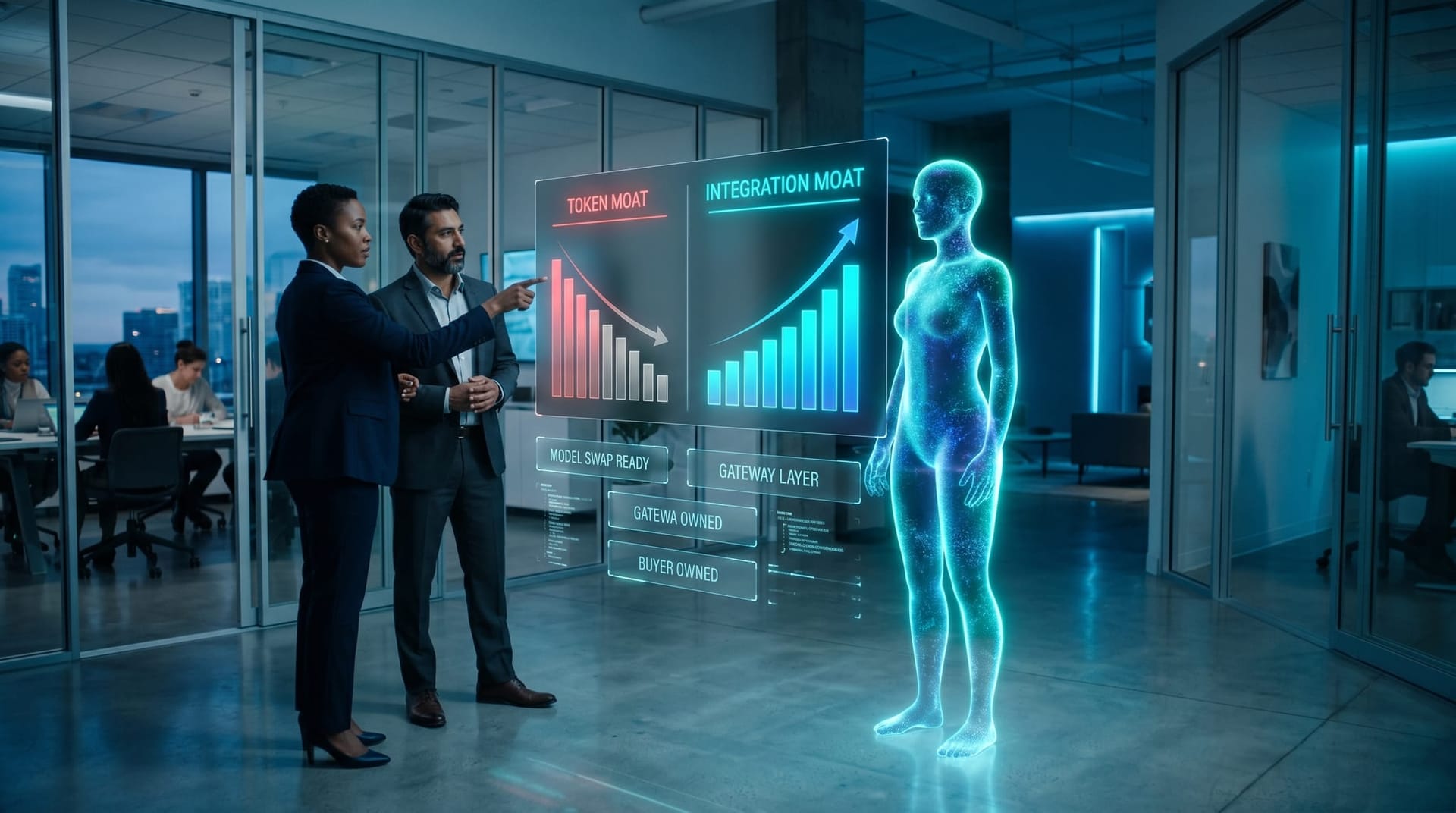 Holographic AI avatar projects a split-panel diagram showing token moat collapsing and integration moat rising, with cyan INTEGRATION MOAT label, in a glass office setting