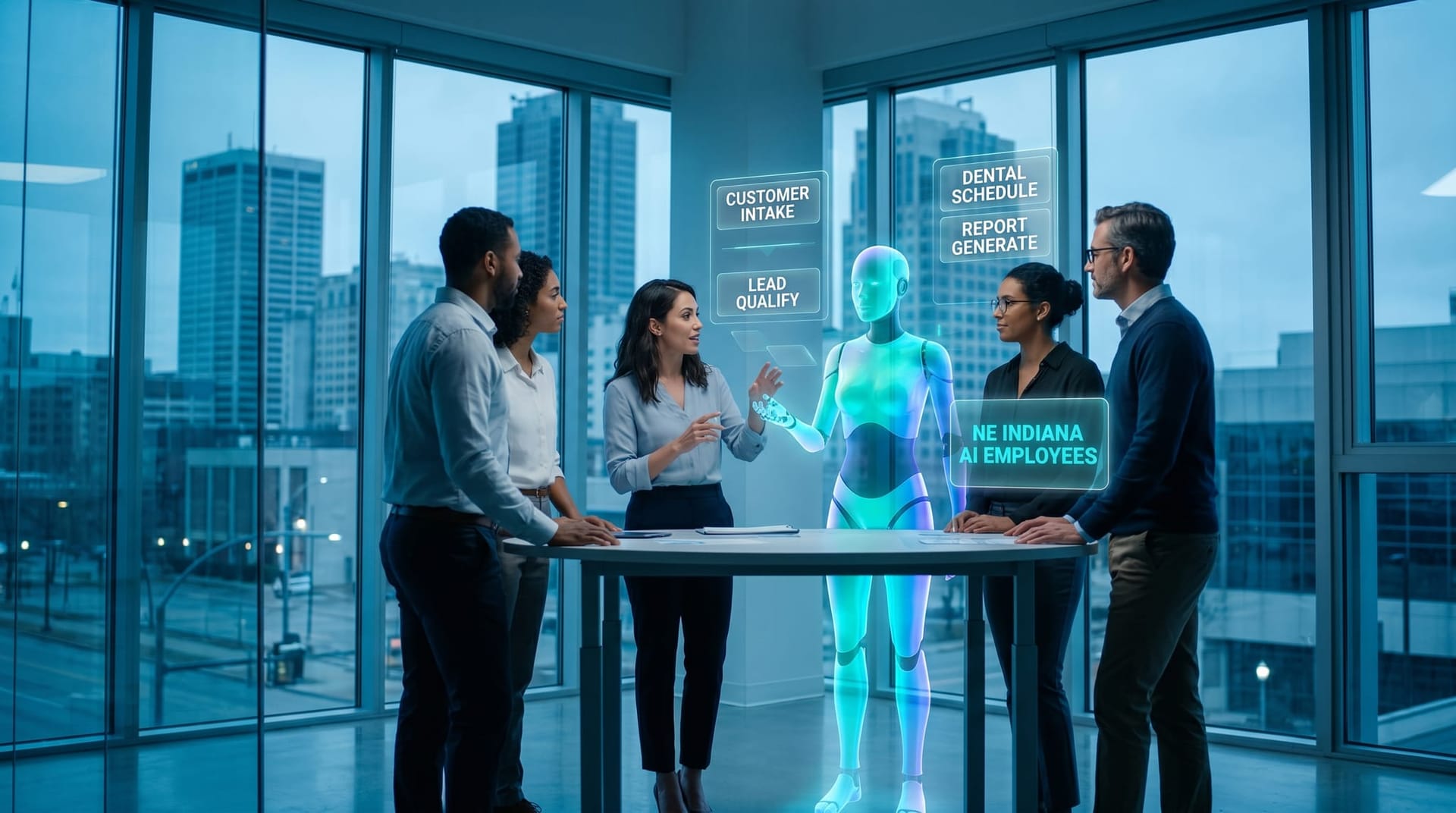 Holographic AI avatar assists a diverse business team in a Fort Wayne glass-tower office with floating cyan AI Employee workflow panels for NE Indiana verticals