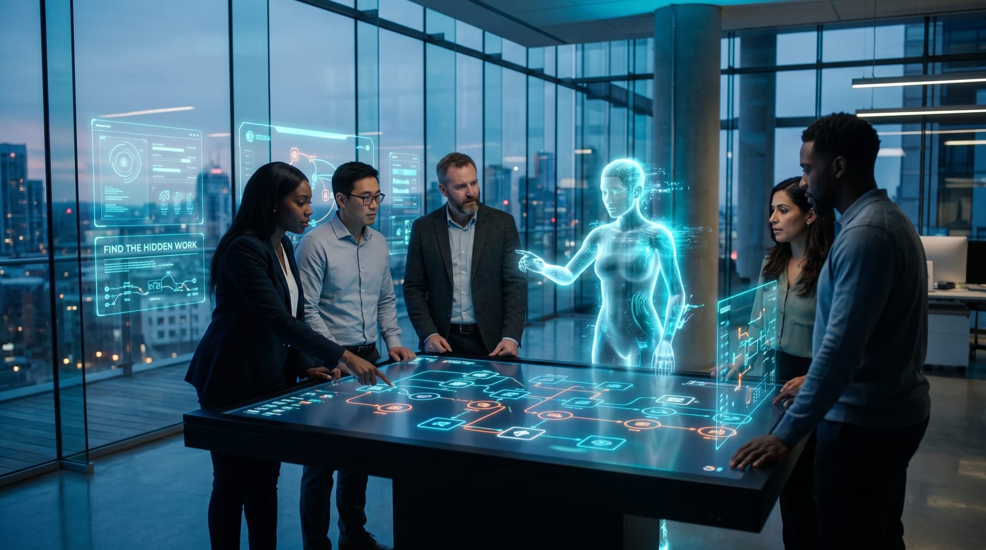 DeKalb County operations team mapping their daily workflows alongside a translucent cyan holographic AI employee to find the right tasks to automate