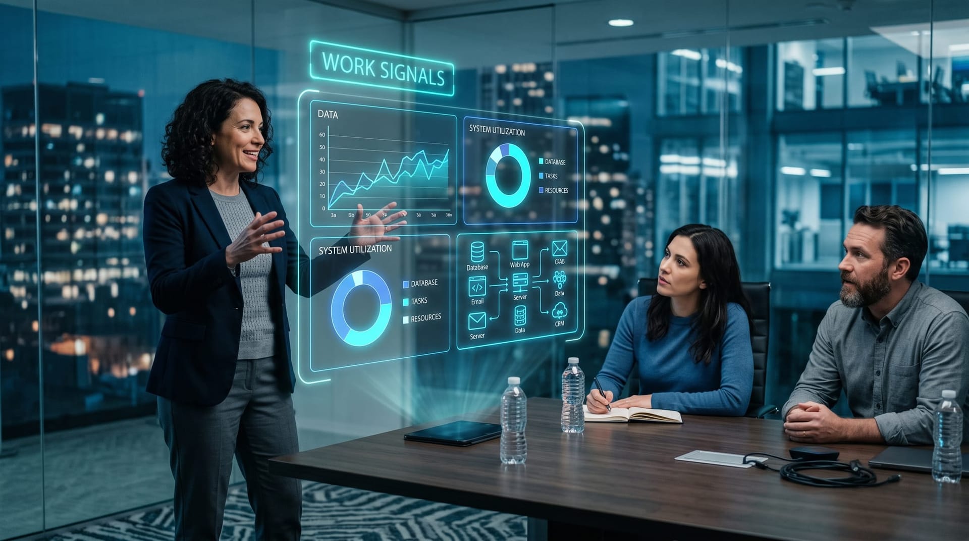 Holographic dashboard visualizing process intelligence work signals and application-switching patterns across an enterprise workflow in cyan glow