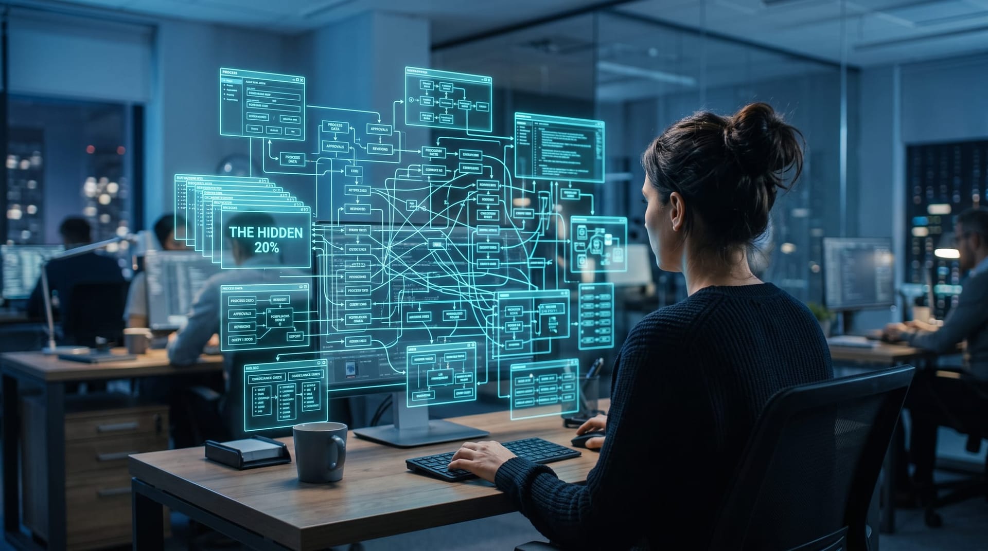 A single office worker surrounded by floating cyan screens showing a long tangled workflow, illustrating why AI pilots fail on misunderstood tasks
