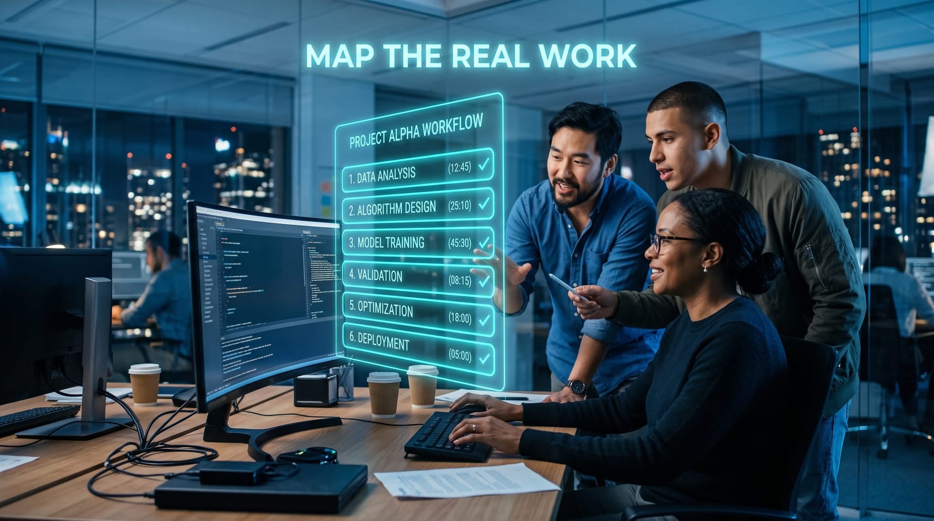 Two colleagues shadowing a teammate at work and annotating each swivel-chair step on a floating cyan checklist to inventory hidden tasks