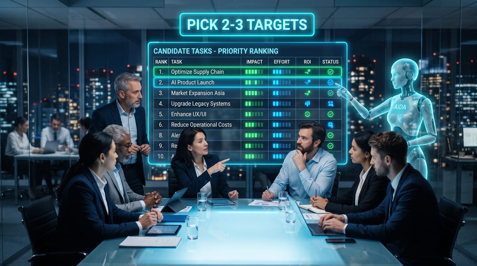 Holographic scoring board ranking candidate tasks by frequency and rules to select the two or three best for an AI employee, in cyan glow