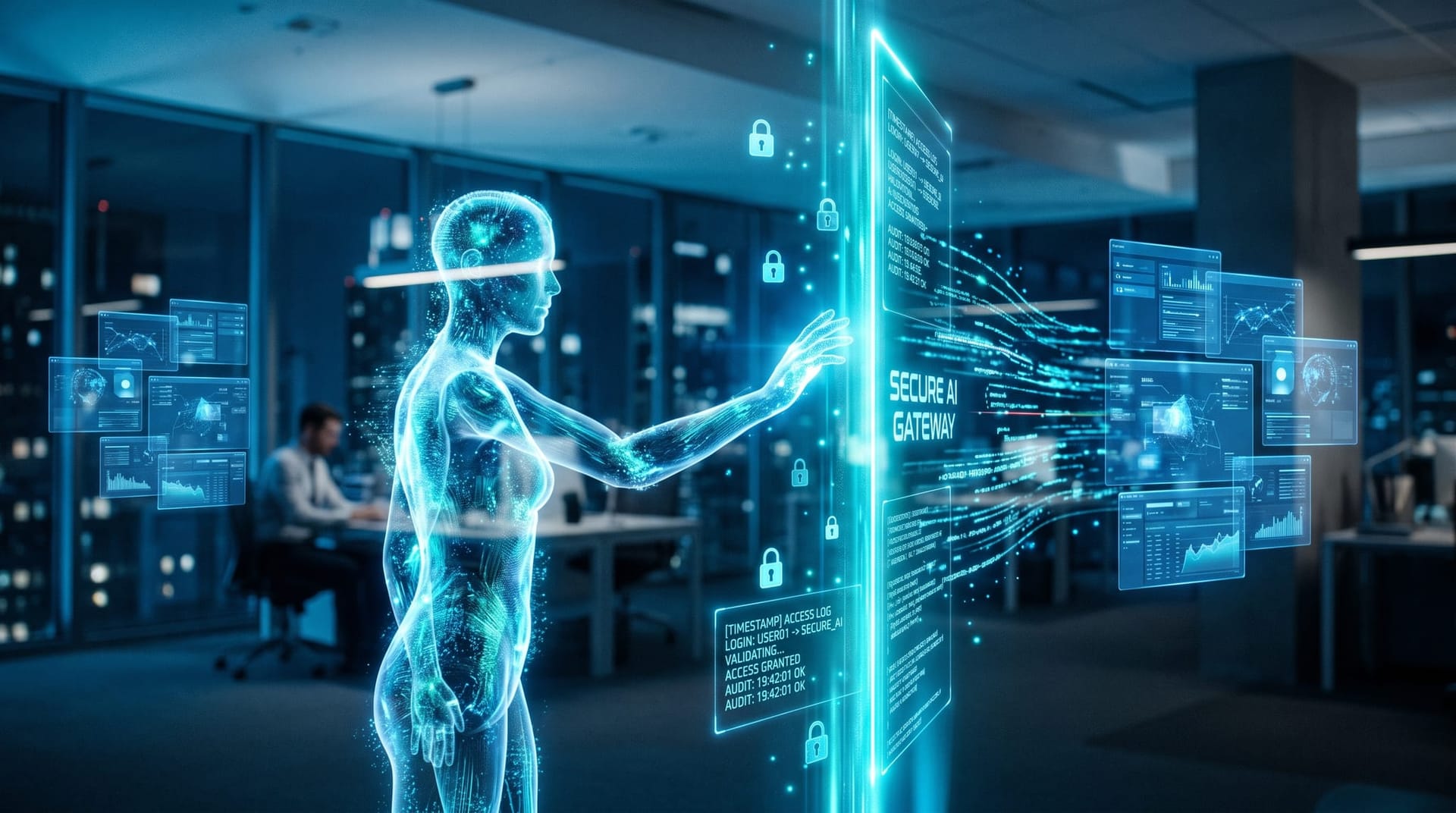 A translucent cyan AI employee passing data through a glowing secure gateway layer with scoped-access locks and an audit trail between office systems