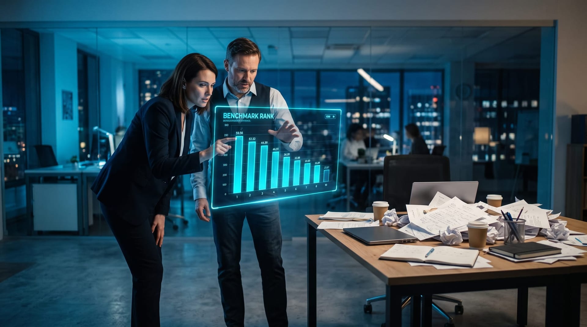 Colleagues comparing a glowing benchmark leaderboard hologram against a stack of skewed scanned documents, illustrating the benchmark-to-production gap