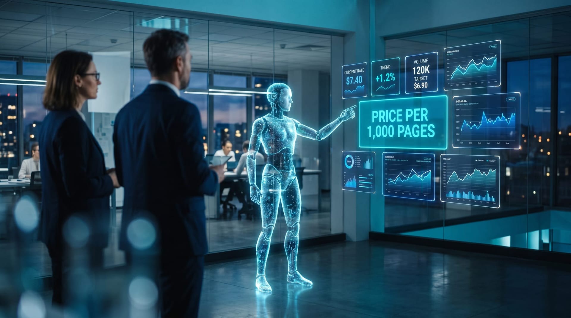 Translucent holographic AI employee gesturing at floating cost-per-page pricing panels showing per-1000-pages rates in a cool blue modern office