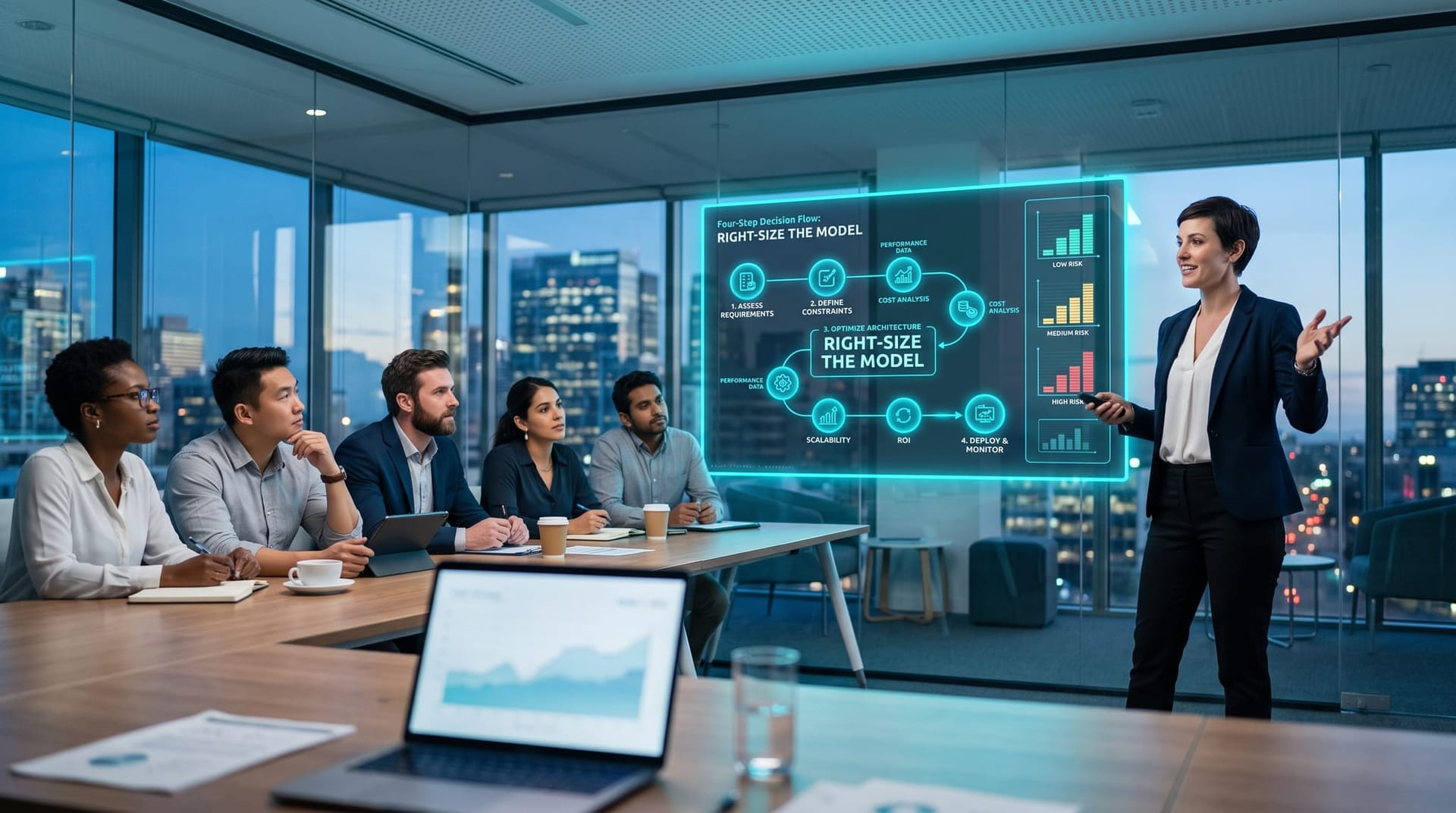 A presenter walking a business team through a holographic four-step document AI decision framework with risk-tier panels glowing in cyan