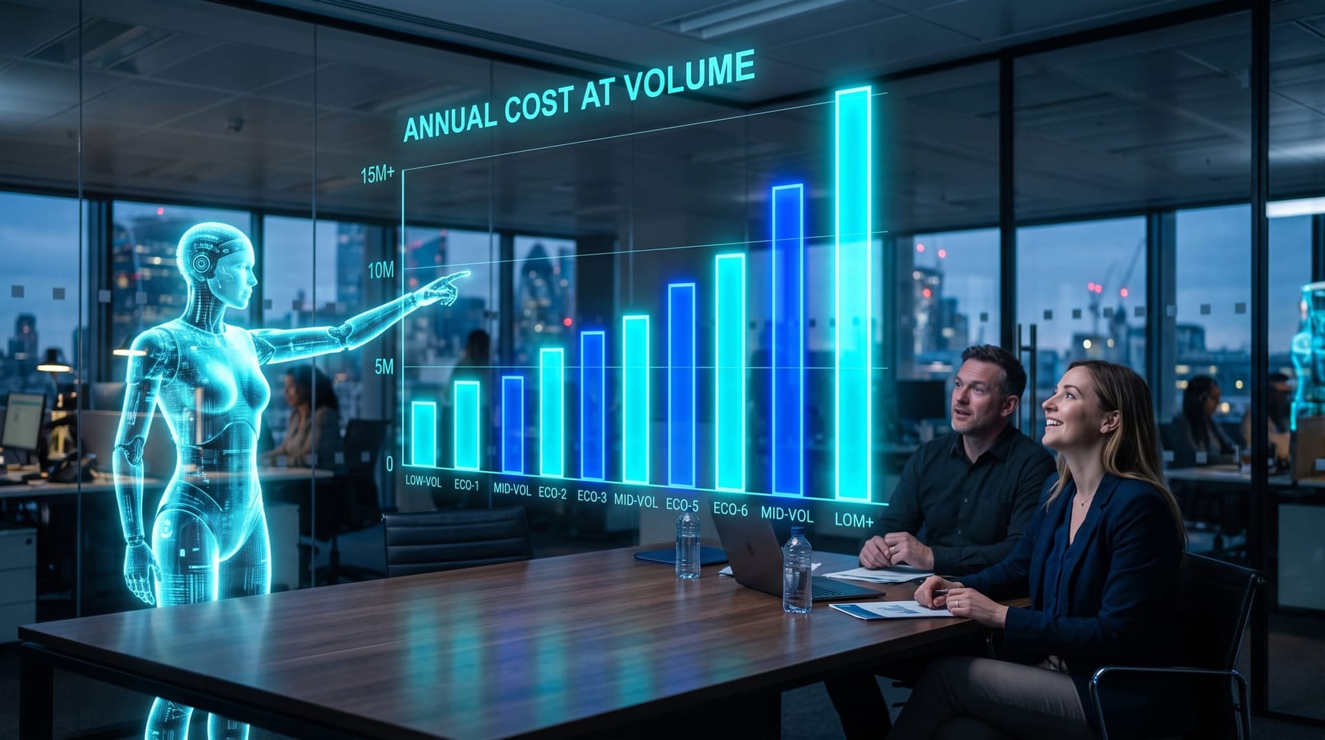 Holographic bar chart comparing document AI annual costs at volume glowing above a conference table as colleagues react to the wide price spread