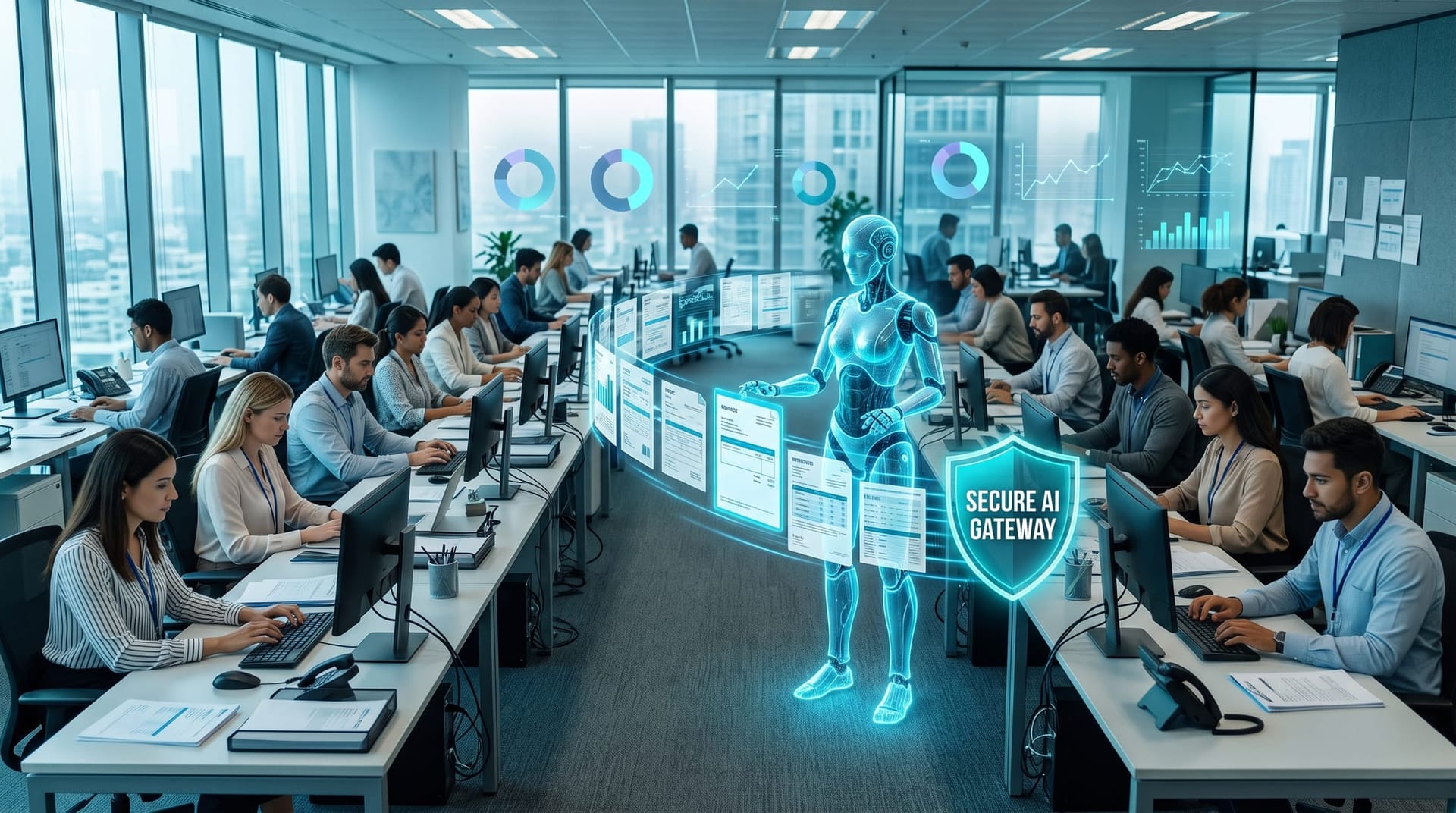 Back-office team feeding invoices into a governed document pipeline as a holographic secure gateway shield glows over the workflow in cyan