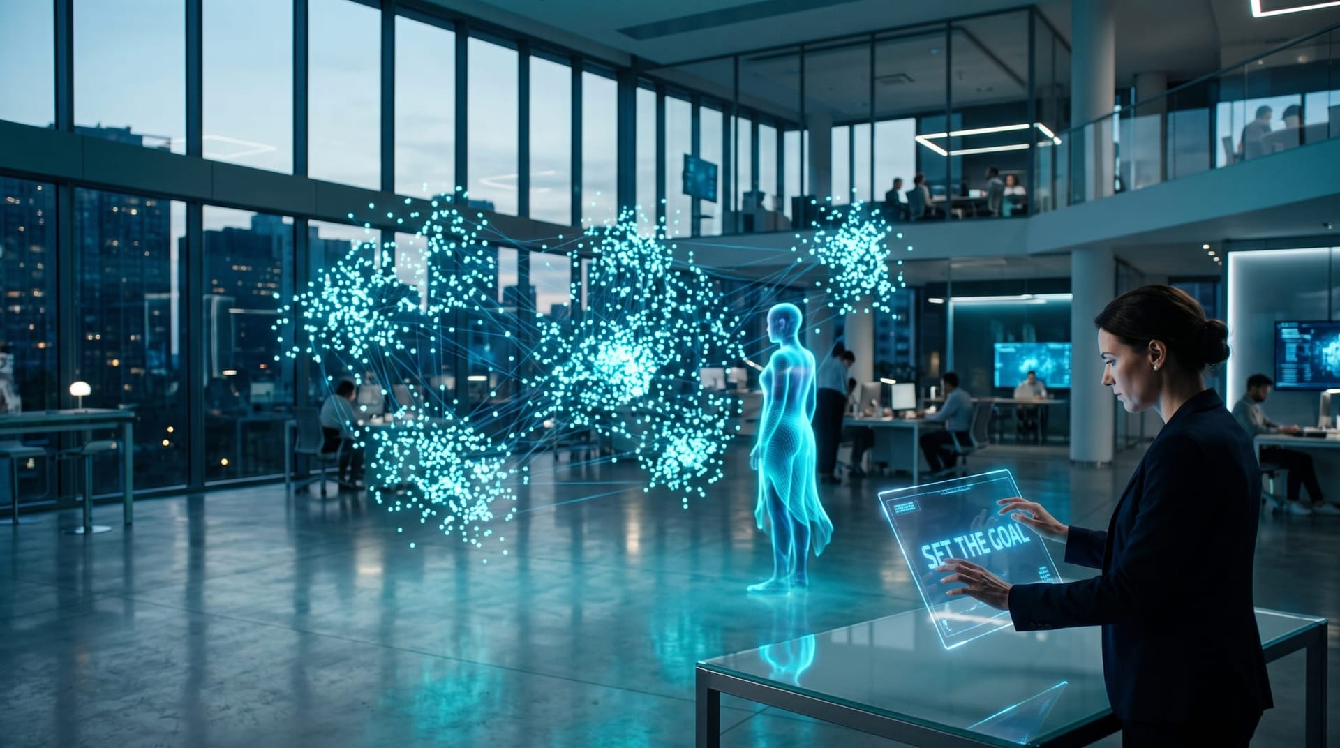 A translucent cyan holographic AI employee amid a self-organizing swarm of glowing agent nodes while a person sets a single goal on a floating panel