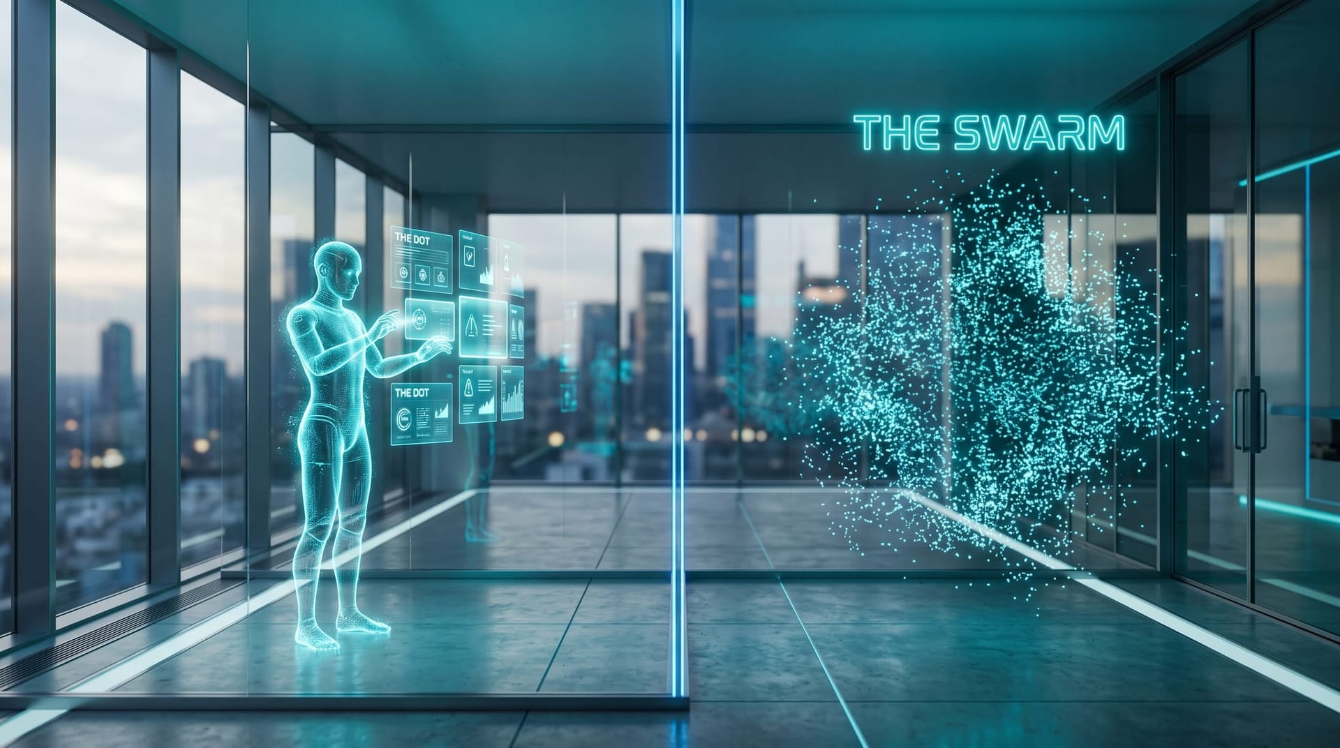 Split composition of a single proactive AI employee hologram handling personal tasks beside a large self-organizing agent swarm, cyan glow