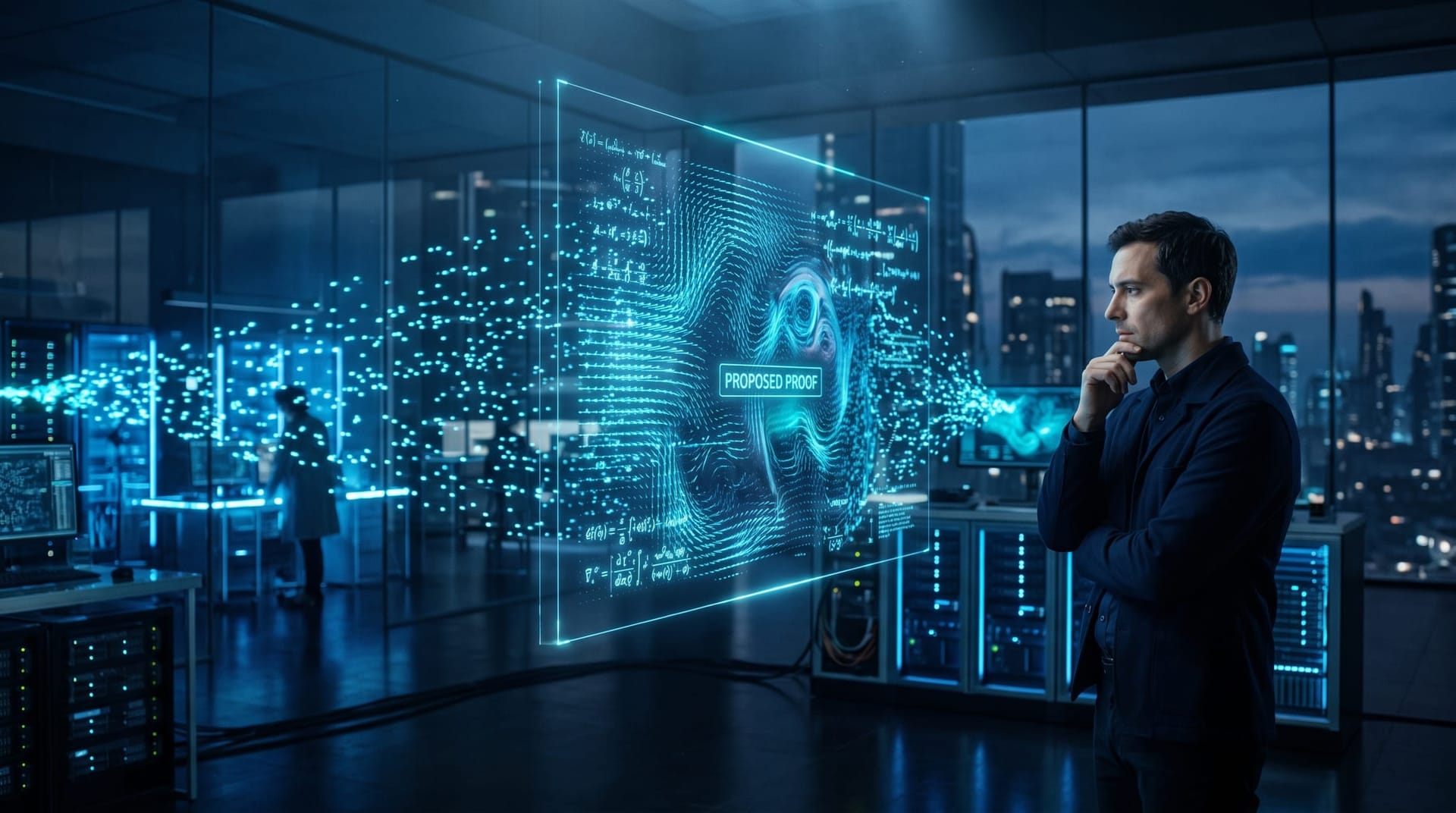 A vast swarm of glowing agent nodes converging on a floating holographic mathematical surface while a human reviews the result with a skeptical expression