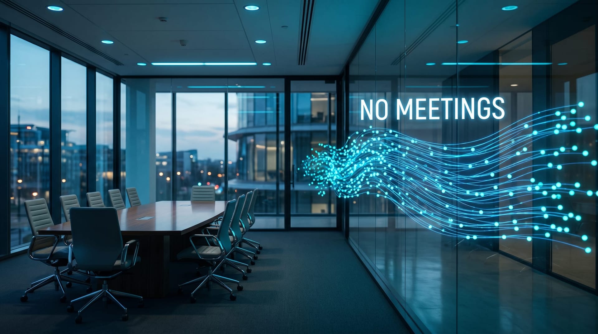 Empty human conference chairs beside a smoothly coordinating cyan agent swarm, contrasting human meeting overhead with self-organizing agents