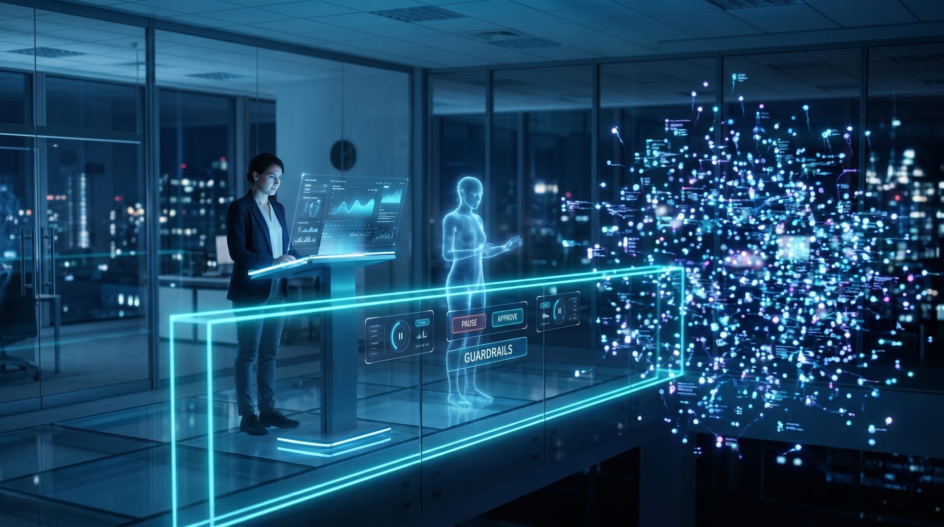 A translucent holographic boundary line between a human directing from a goal panel and an agent swarm, marking a governance guardrail in cyan