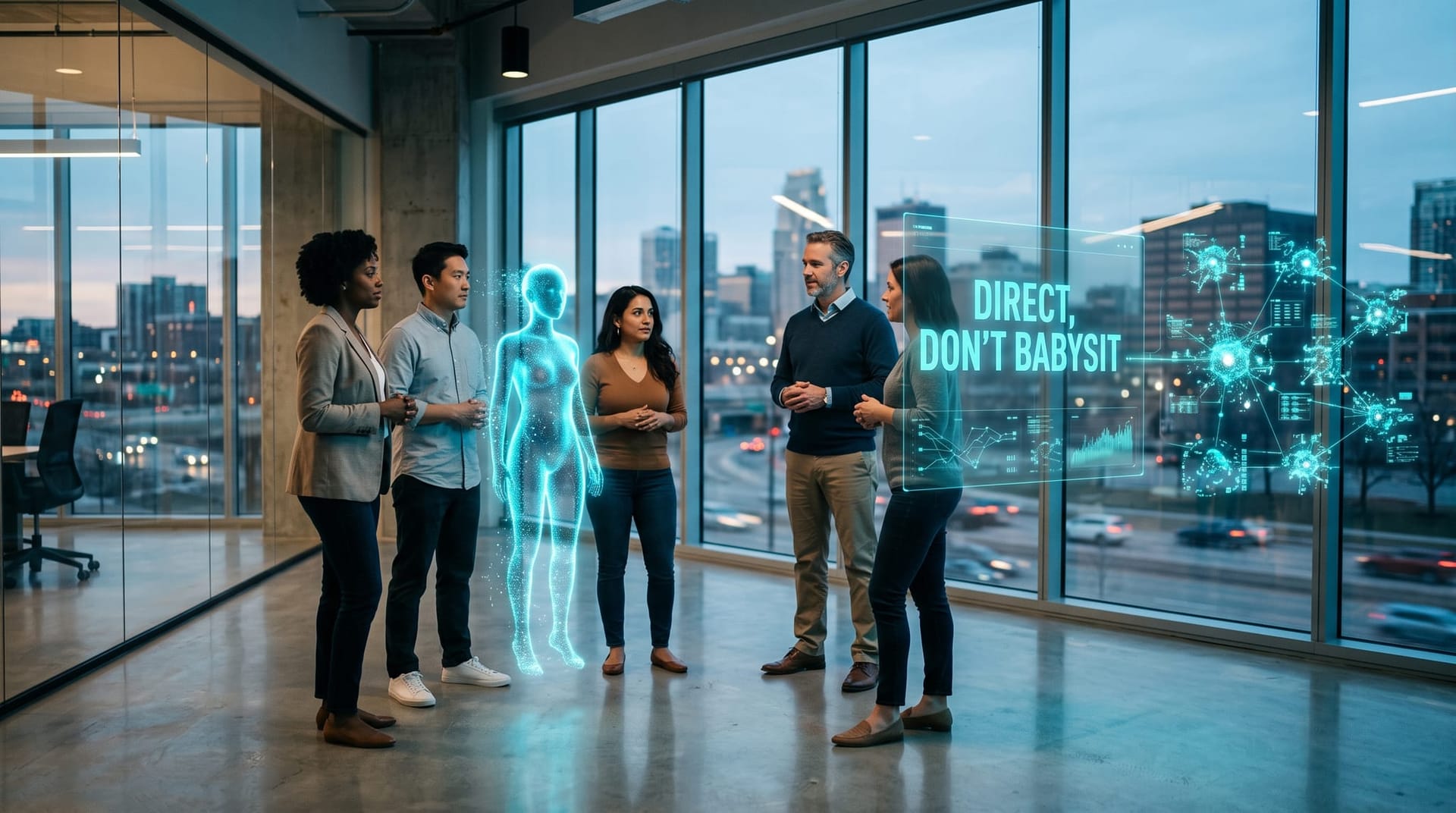 A small Northeast Indiana business team calmly directing a right-sized cyan agent swarm through an AI employee layer on floating panels