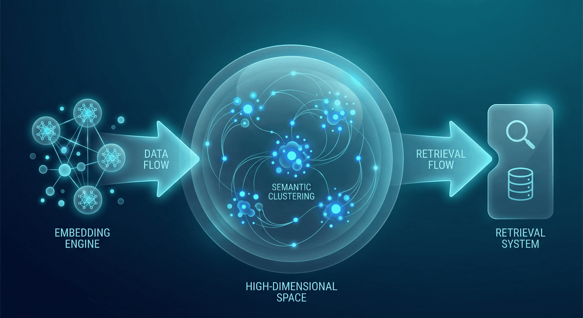 Vector embedding architecture showing semantic data clustering in high-dimensional space