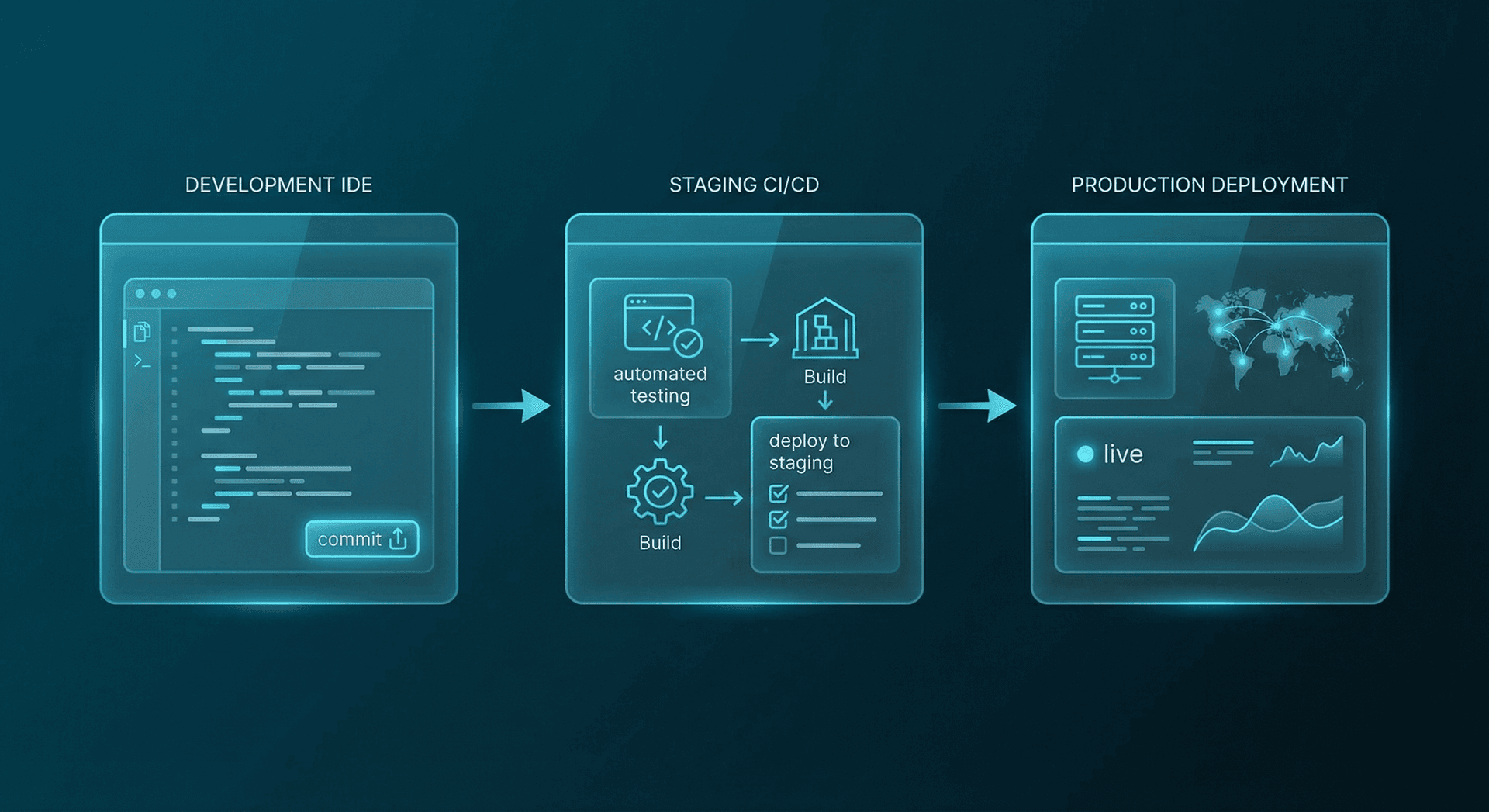 Embedding system implementation guide showing development to production deployment pipeline