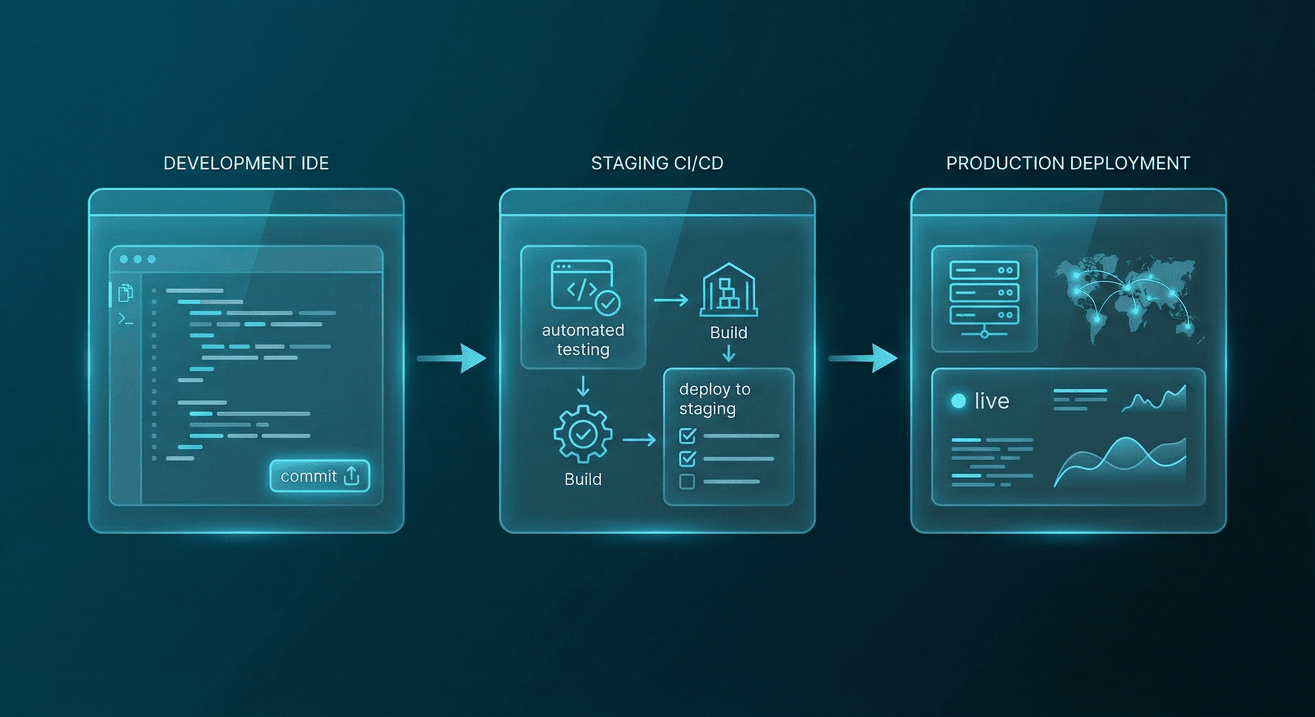 Embedding system implementation guide showing development to production deployment pipeline