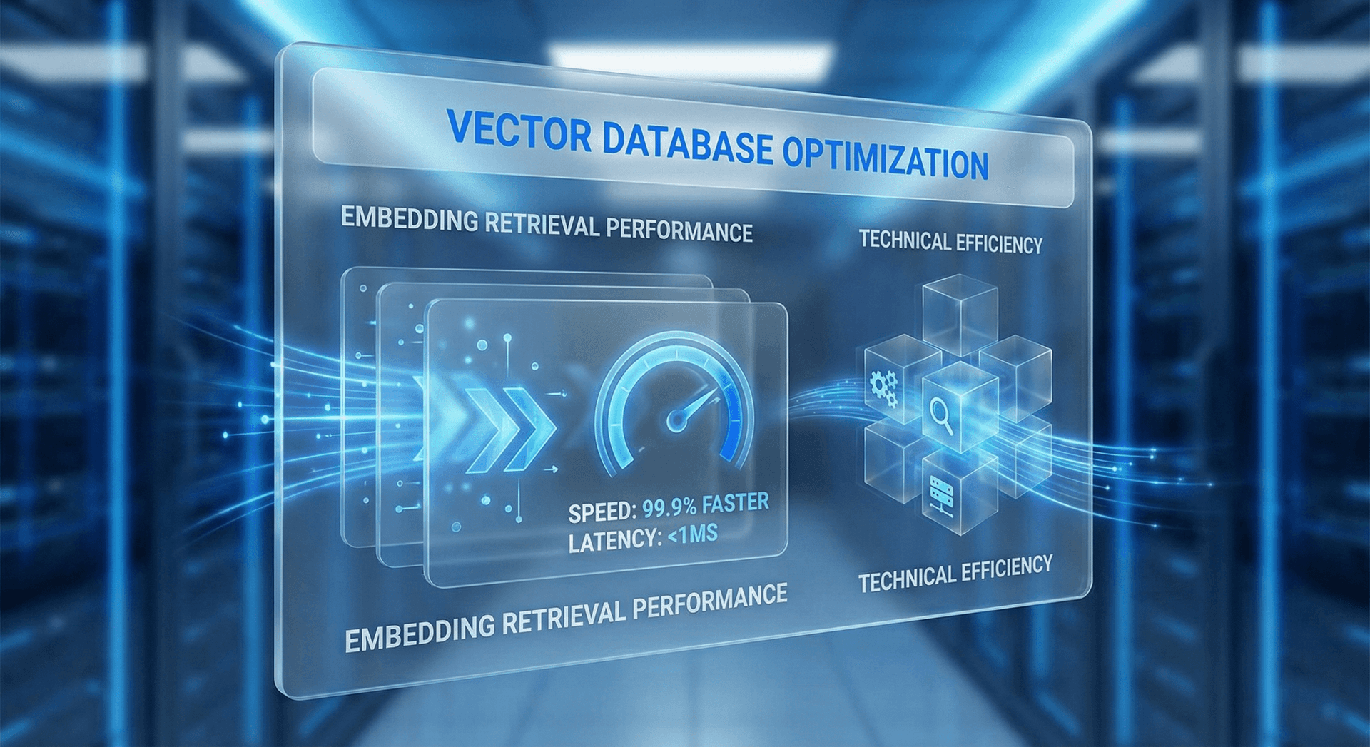 Performance benchmarks for memory embedding AI systems showing retrieval speed, accuracy rates, and cost efficiency compared to brute-force methods