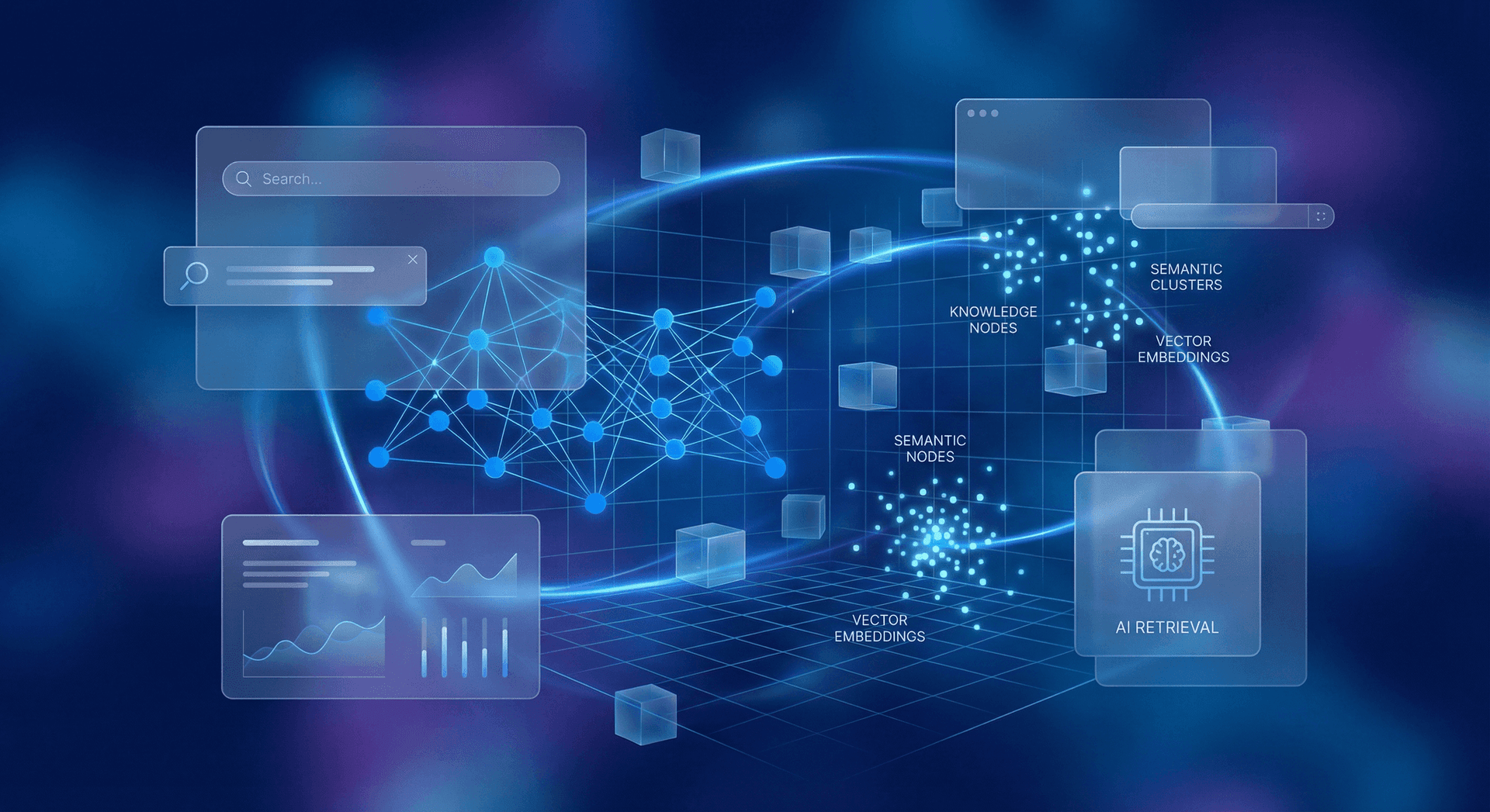 Vector space visualization showing how AI memory embeddings cluster semantically similar business knowledge for fast and accurate retrieval