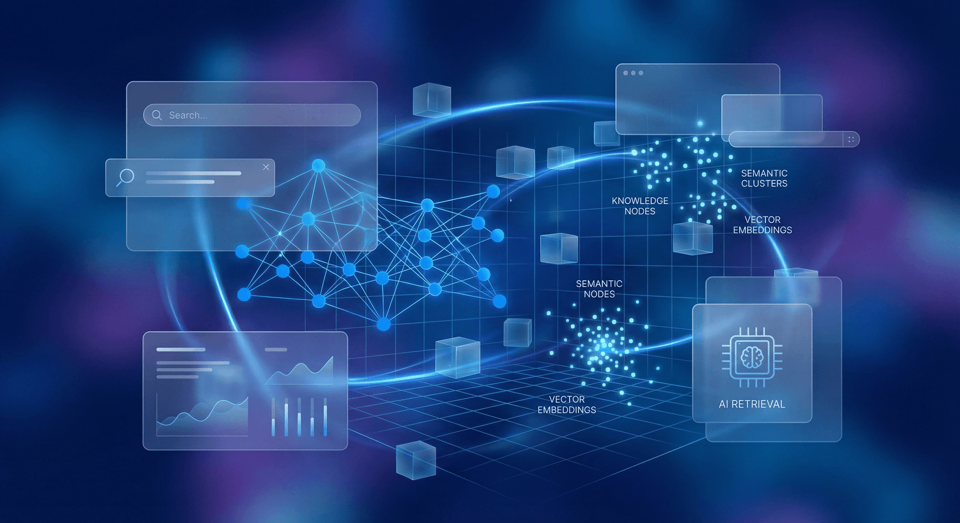 Vector space visualization showing how AI memory embeddings cluster semantically similar business knowledge for fast and accurate retrieval
