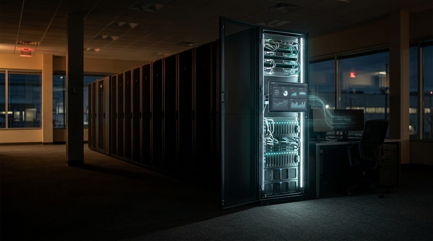 A long industrial server hall at night with one rack illuminated and the rest fading into darkness, depicting the $401 billion in idle enterprise AI GPU capacity.