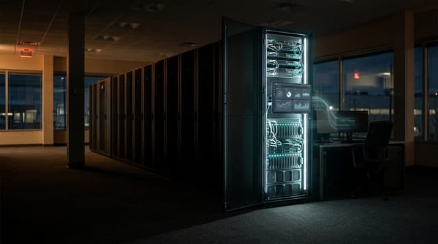A long industrial server hall at night with one rack illuminated and the rest fading into darkness, depicting the $401 billion in idle enterprise AI GPU capacity.