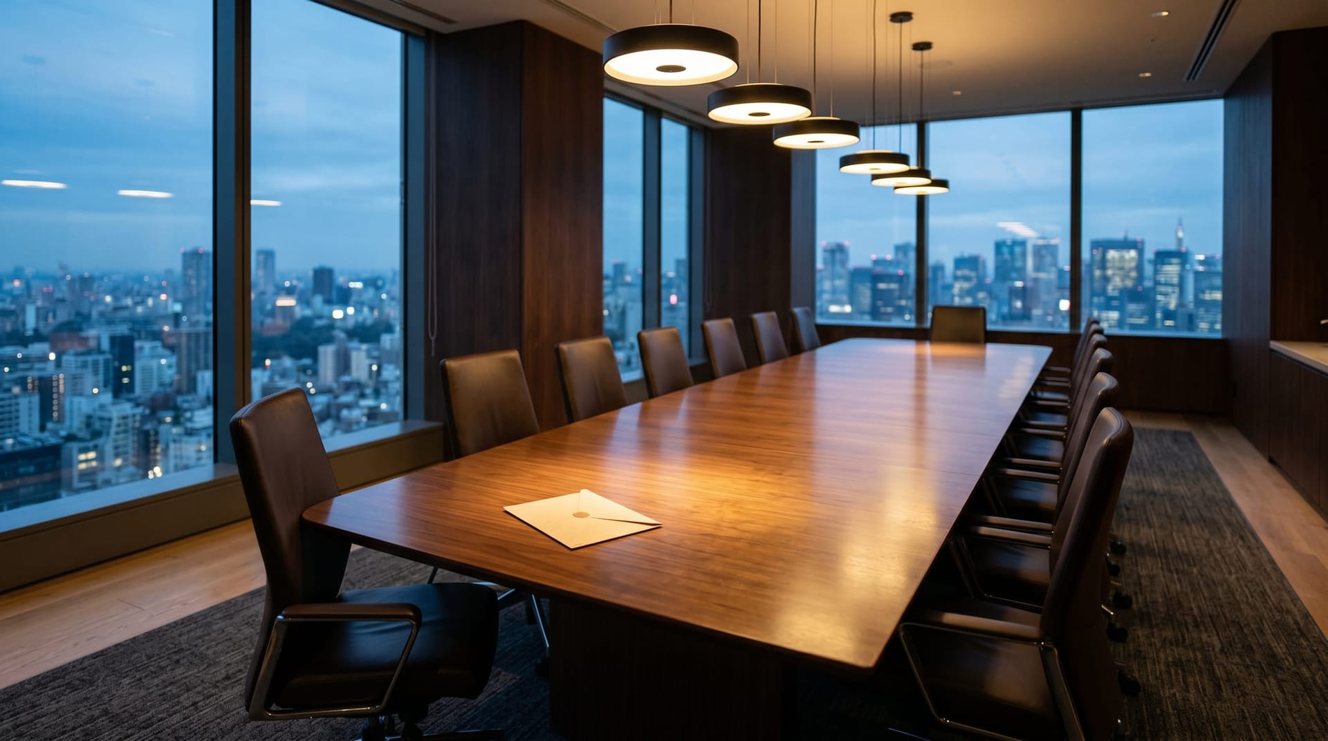 An empty modern boardroom at twilight with one chair pulled out and a single sealed envelope on the table, depicting the shift in AI procurement decisions from infrastructure-buying to work-buying.