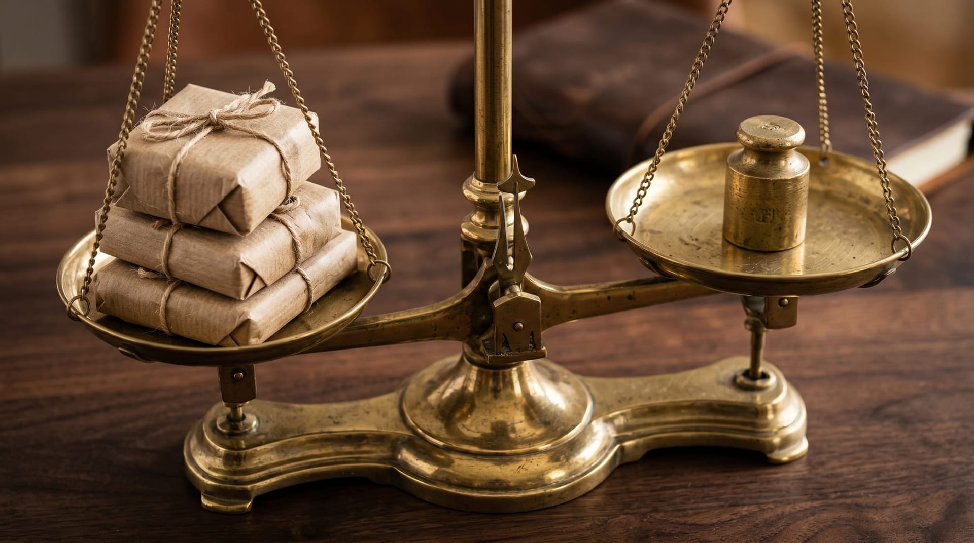 An old-fashioned brass apothecary balance with a stack of small wrapped parcels on one tray and a single weight on the other, depicting AI Employees as output-priced rather than capacity-priced infrastructure.