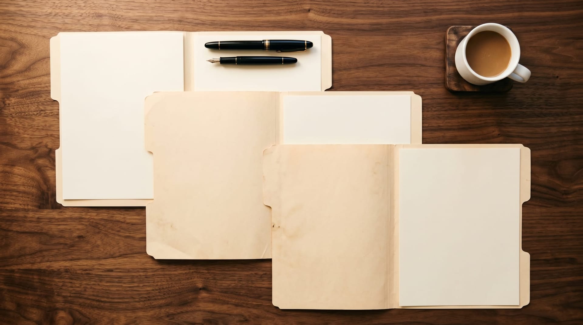 Three open file folders arranged in an offset stack on a dark walnut desk, each holding a single blank cream-colored sheet, depicting the three procurement questions to pressure-test private AI infrastructure pitches.