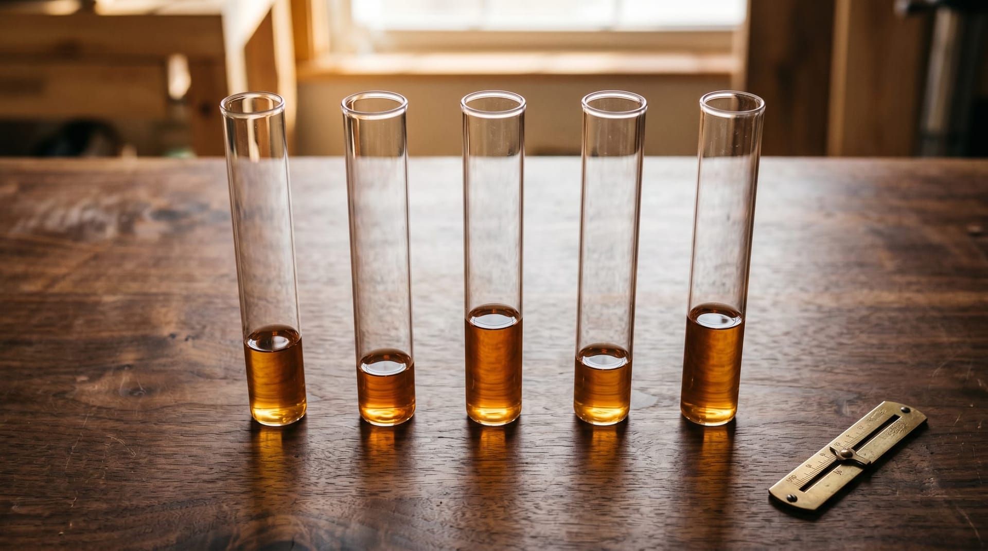 Five tall glass vessels arranged on a polished bench, each filled to a different low level with amber liquid, representing the structurally low and uneven shape of enterprise AI GPU utilization.