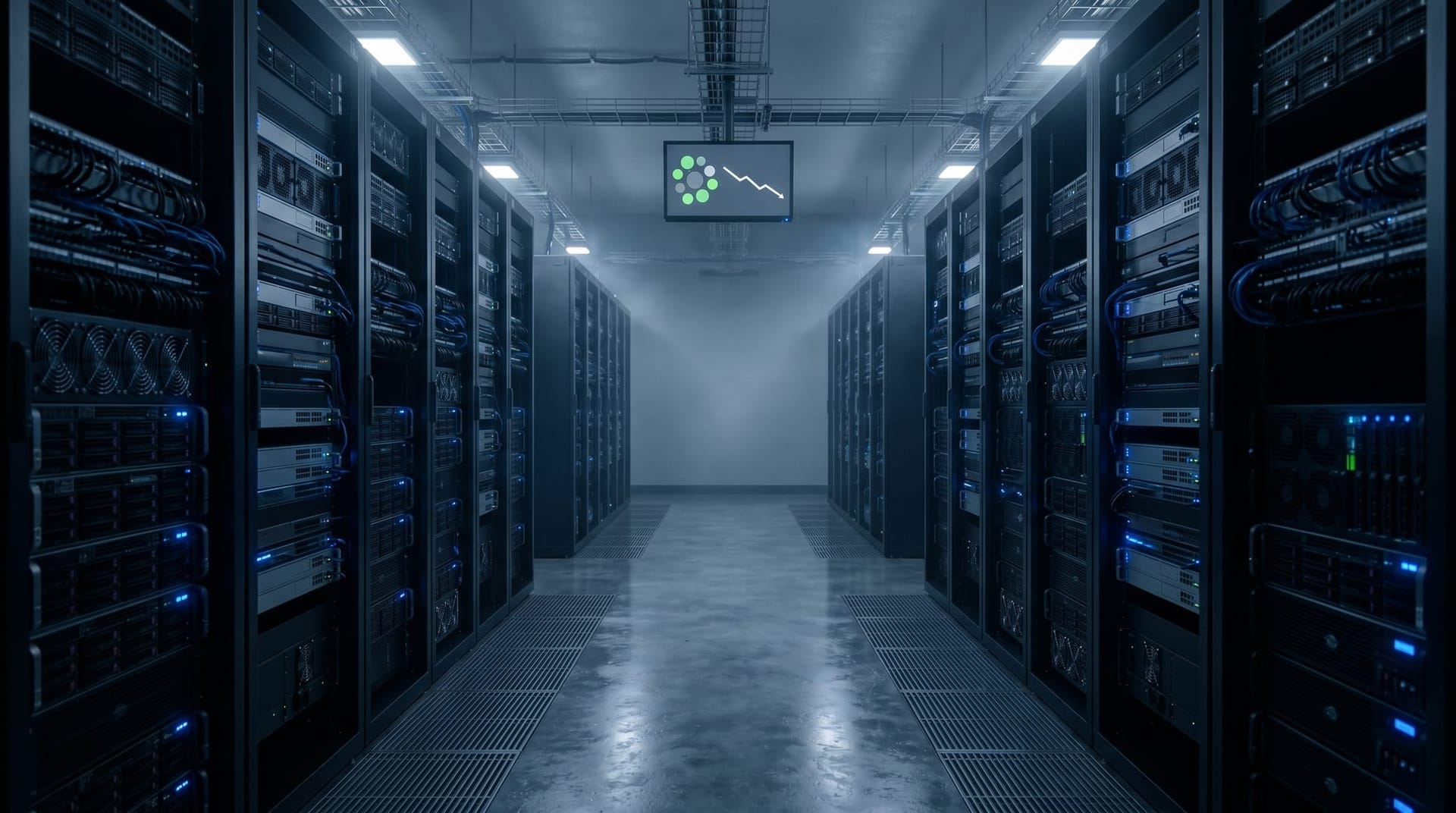 Quiet server room aisle with two equipment racks glowing soft blue and a dim status panel showing GPU utilization across mid-market enterprise infrastructure