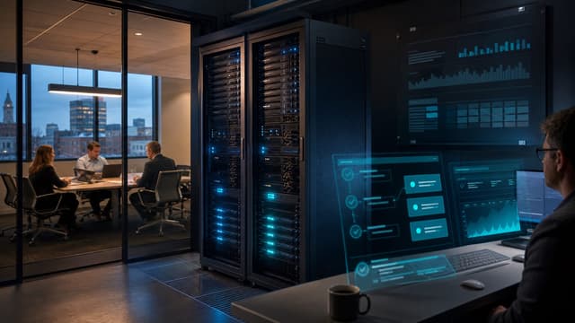 Quiet server room aisle with two equipment racks glowing soft blue and a dim status panel showing GPU utilization across mid-market enterprise infrastructure