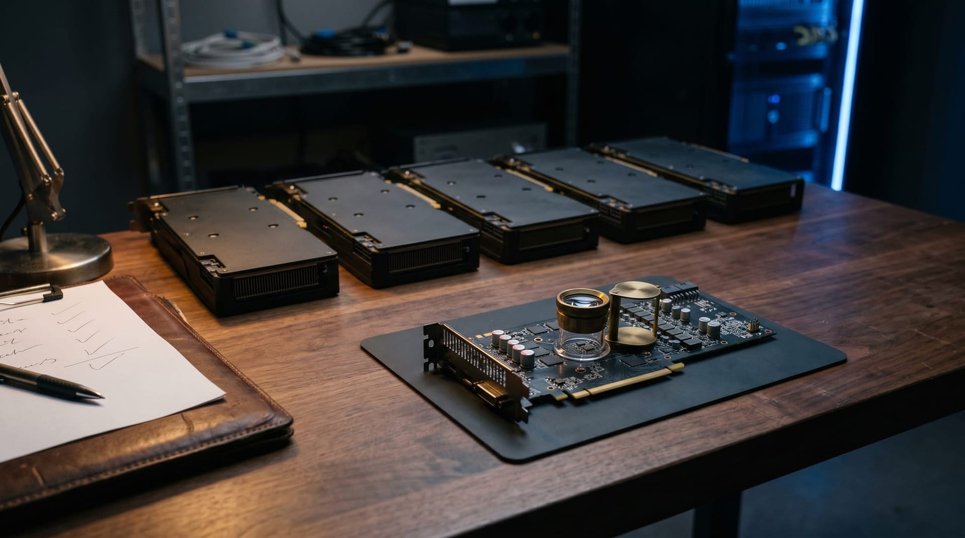Conceptual still life with a row of unused GPU cards on a workbench beside a clipboard and a single pulled chip illustrating enterprise GPU procurement waste