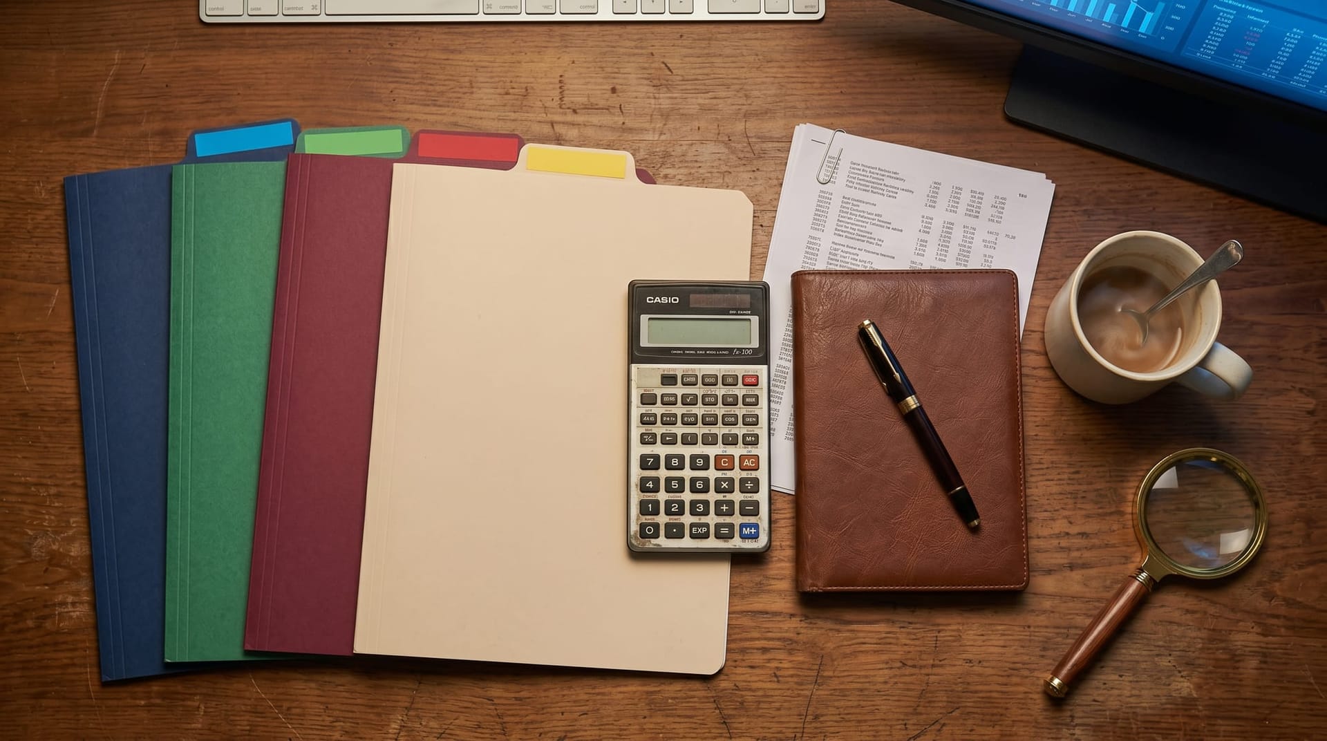 Overhead view of a procurement audit workspace with four labeled folder spines on a wooden desk beside a calculator pen and coffee mug