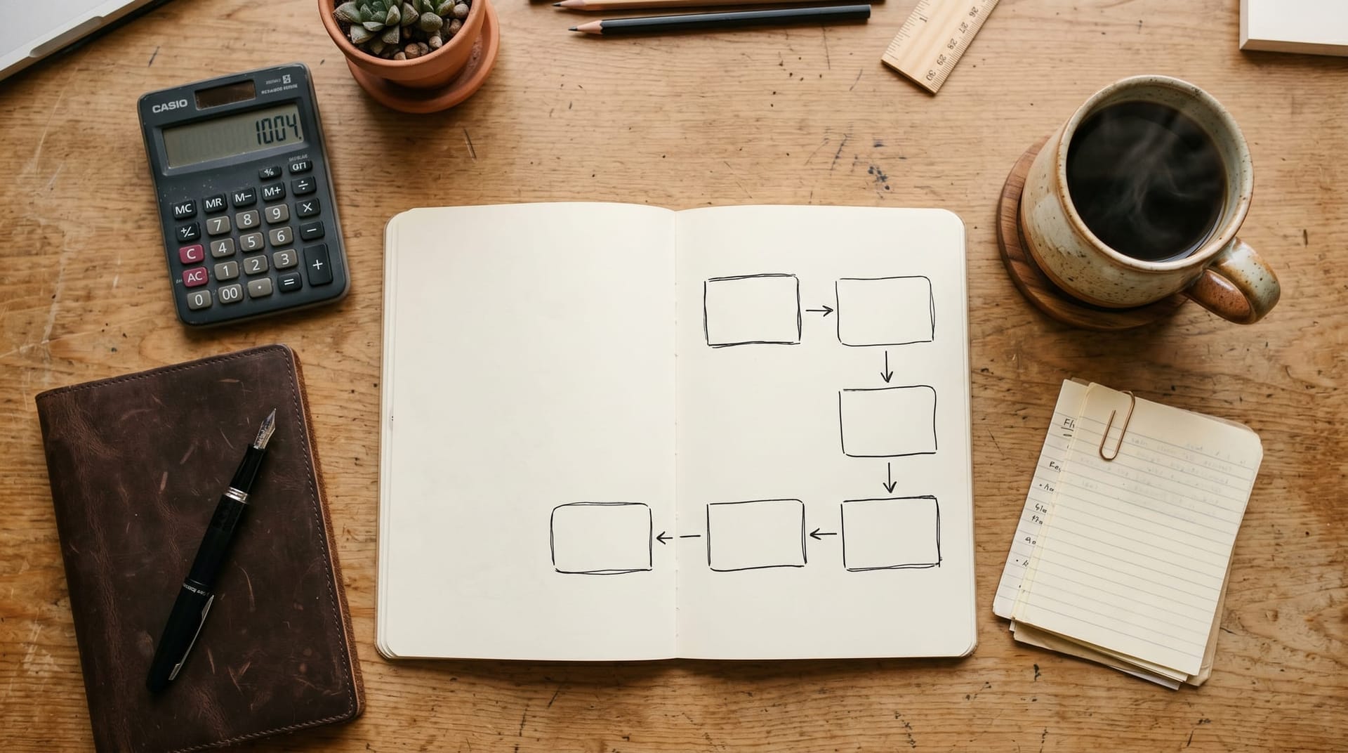 Notebook with six hand-drawn boxes connected by simple arrows on a wood desk beside a calculator pen and coffee mug for the GPU FOMO self-audit framework