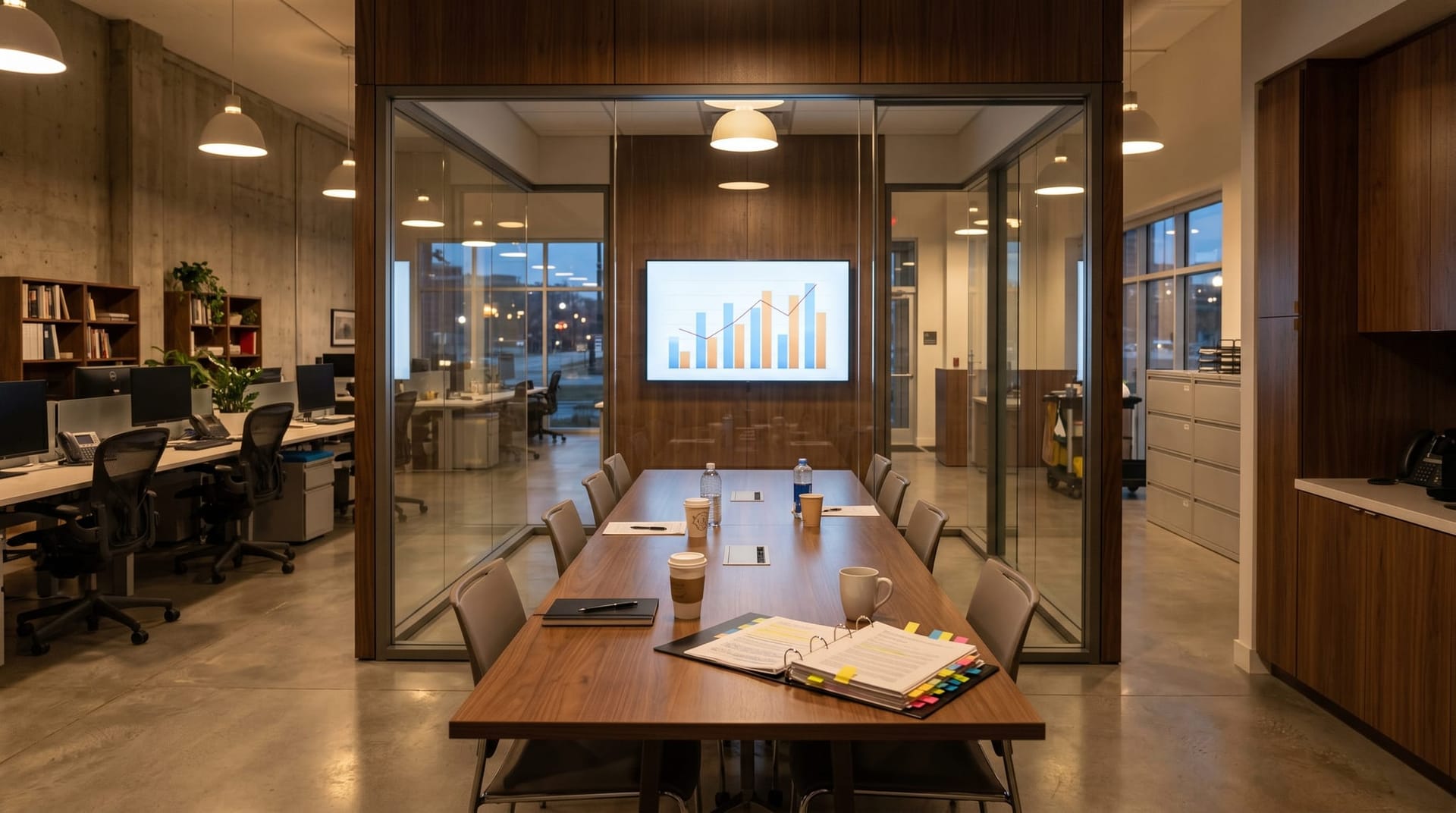 Fort Wayne professional services office at dusk with empty conference room visible through glass doors and a wall display showing a budget review
