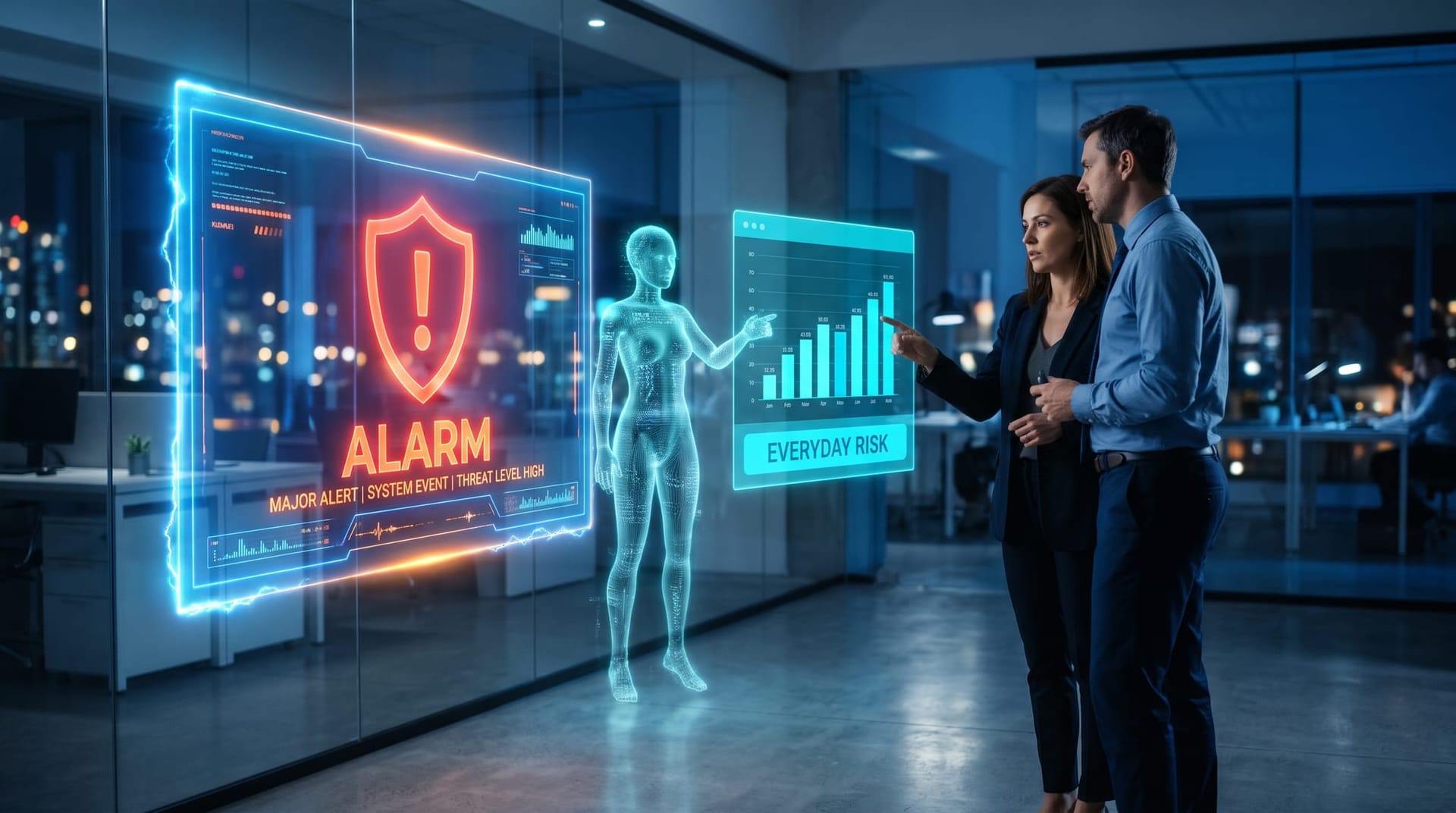 Business leaders contrasting a dramatic doomsday AI headline against quiet everyday AI risk metrics on floating cyan holographic panels
