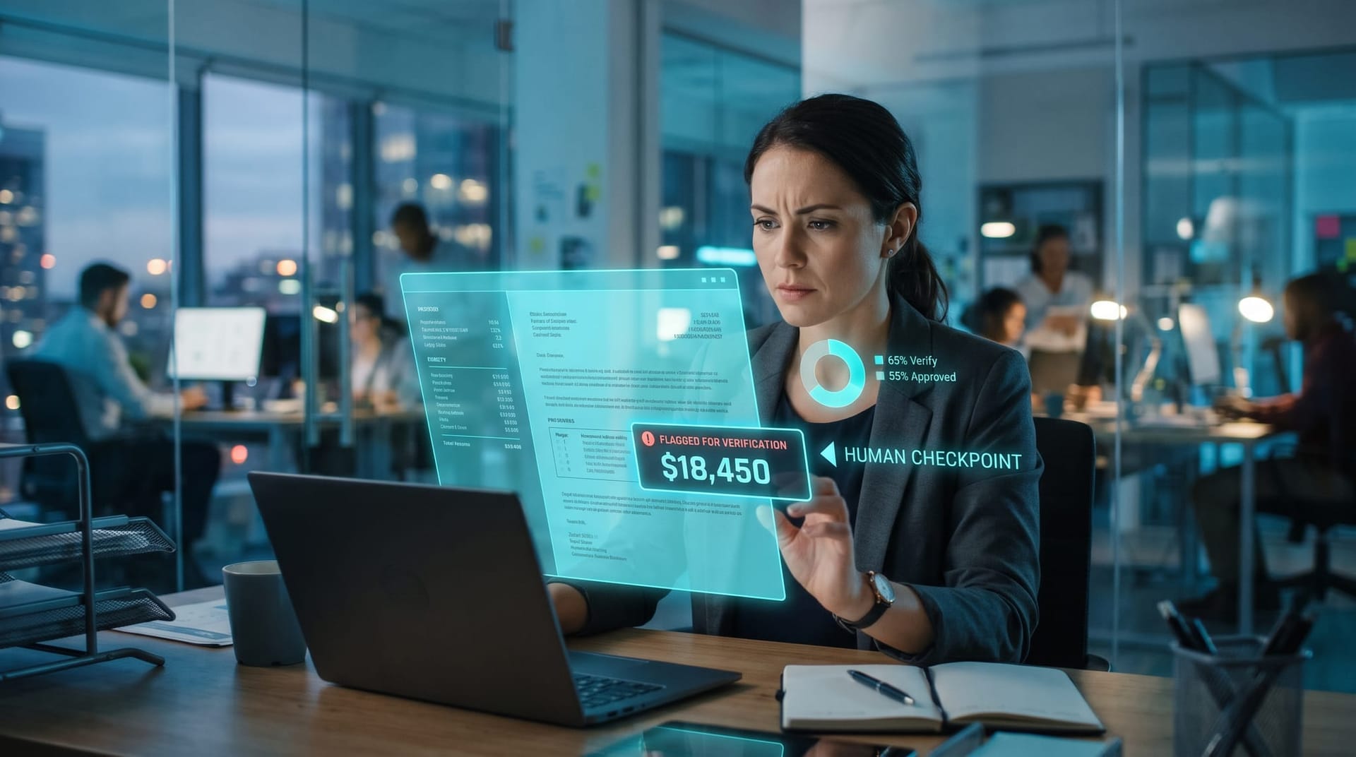 A professional pausing at a human-approval checkpoint to verify fluent but wrong AI output on a cyan holographic review panel