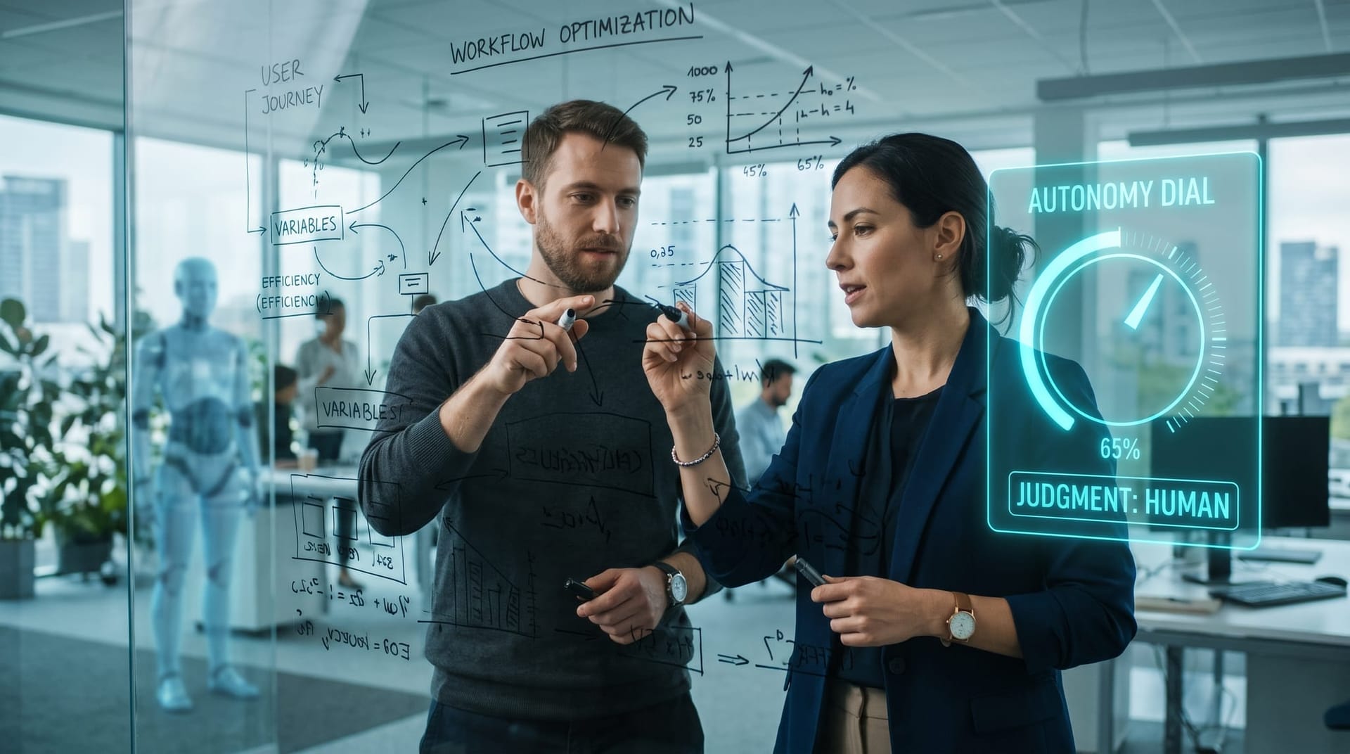 Colleagues collaborating on analysis by hand while a dimmed AI panel shows an autonomy dial turned down to preserve human judgment skills
