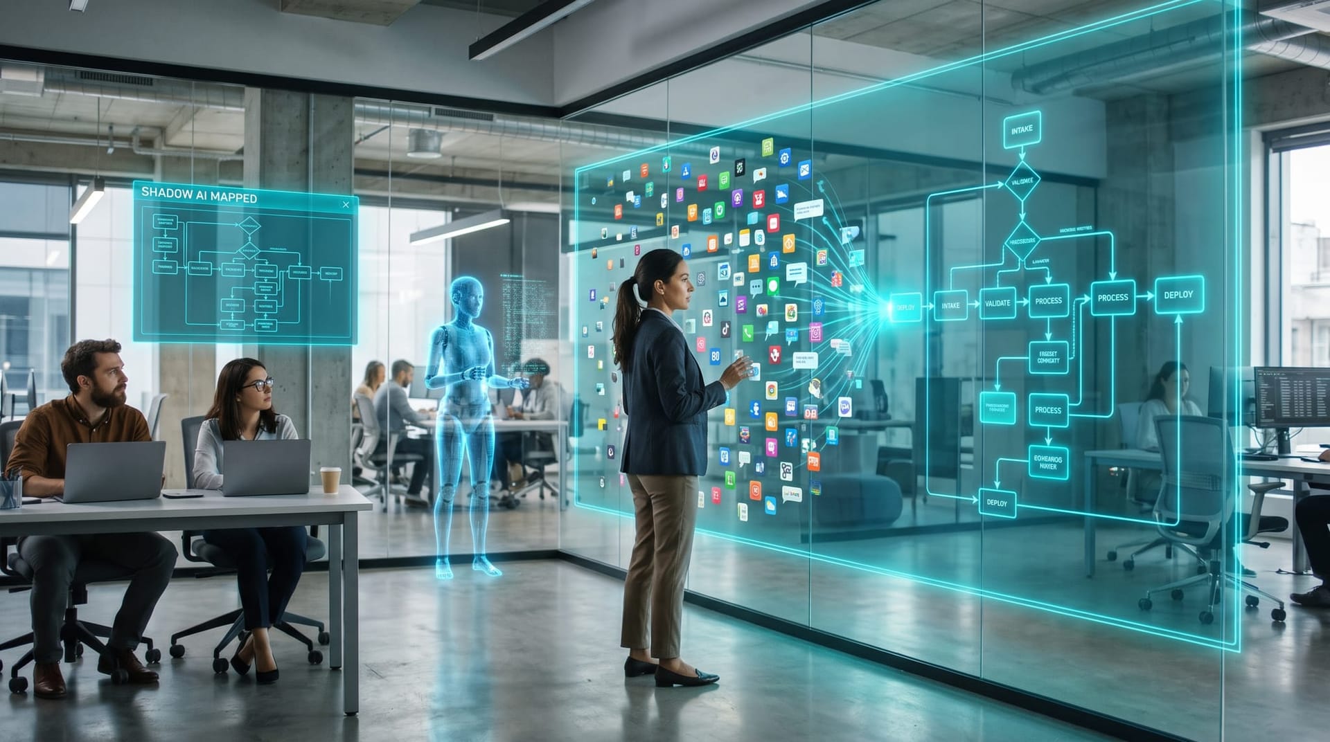 An operations leader mapping scattered ungoverned consumer AI tools into a governed workflow on a cyan holographic office display