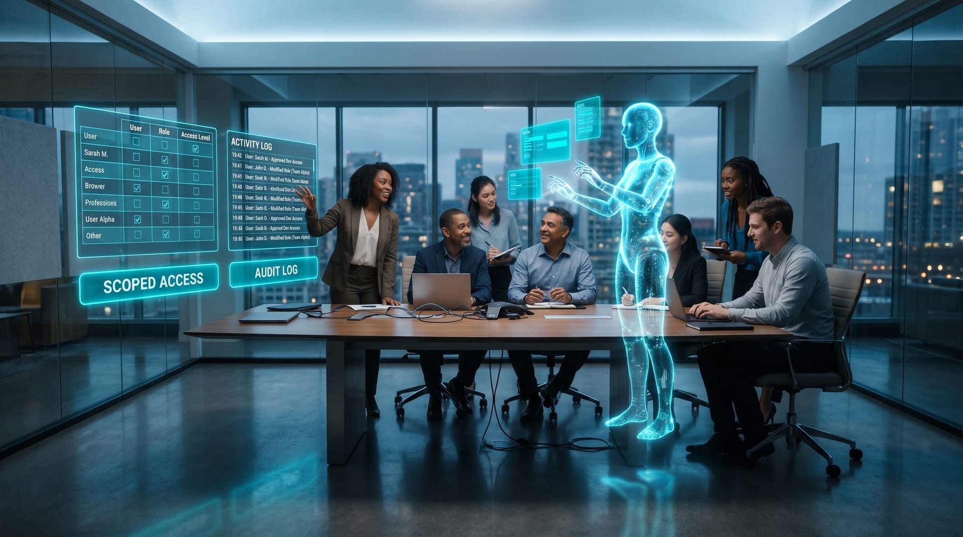 A business team and a cyan AI avatar collaborating within clear guardrails, with scoped permissions and audit logging shown on holographic panels