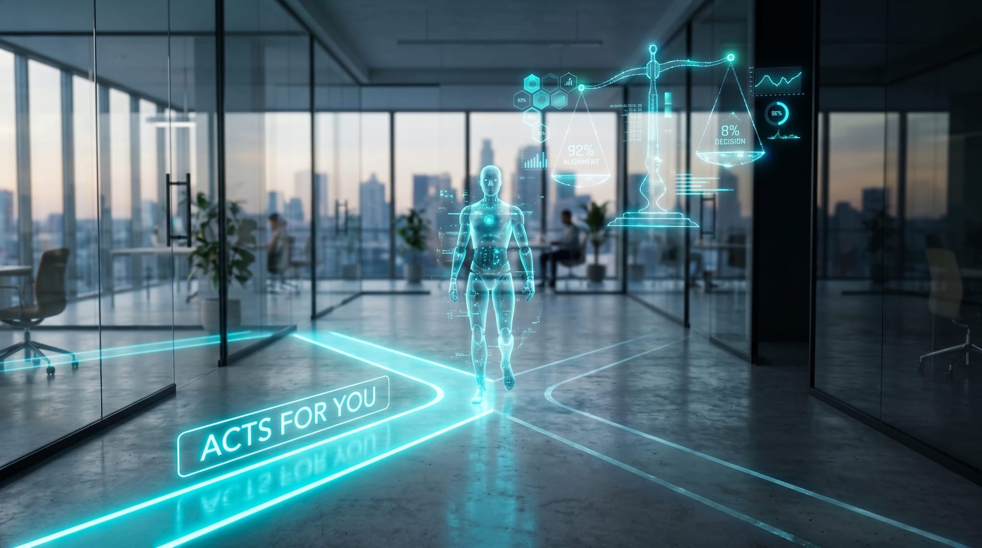 Holographic AI avatar choosing between two glowing paths, one marked for the principal, illustrating an agent's duty of loyalty in fiduciary AI